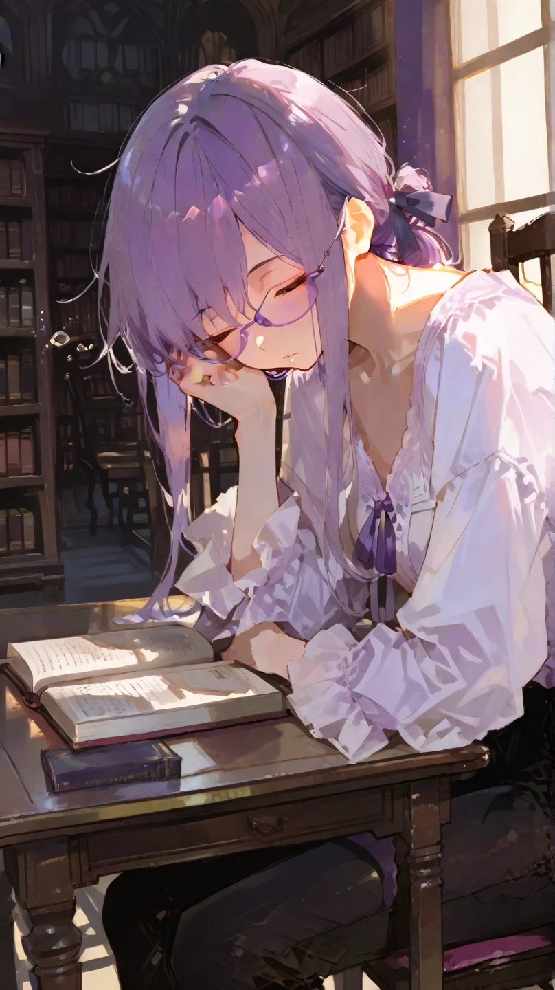 absurd res, high res, reflection, refraction:1.4 ultra detailed:1.0 (illustration, line drawing), masterpiece,
A wizard's apprentice is mixing potions and is having a difficult time. She has short purple hair and looks embarrassed by the mistake she's made.
The apprentice is sitting in front of a mixing table, surrounded by various vials of colored liquids and powders.
There is a large shelf behind her, lined with different vials, jars, and bottles filled with various potions and ingredients.
The scene takes place in a medieval laboratory, with a view of the city through a window.
It's midday, and the room is filled with natural light.