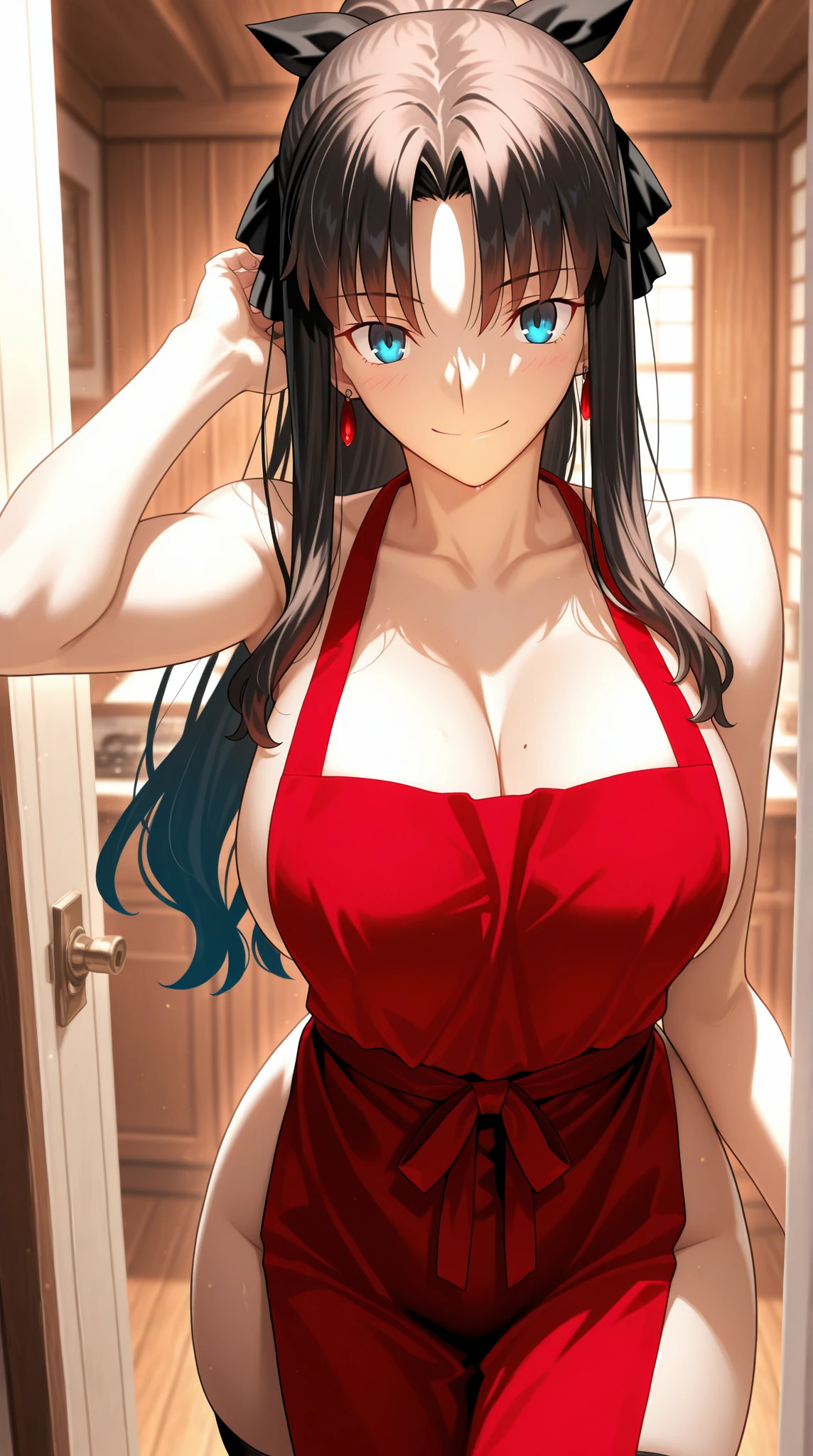 a girl 18yo old,(dynamic angle:1.3, breast focus:1.0, from above:1.1), (dynamic posing:1.2, sexy posing:1.3, leaning forward), (seductive smiling:1.3),masterpiece, (pointed chest:1.3),(double breasted:1.2,under bust:1.2), Amazing Cleavage:1.3, thin waist, Raised sexy, small breast: 1.2 posed cleavage:1.2, open mouth, have a grass of beergrass,black hair, blue eyes, bare shoulders, jewelry, collarbone, sidelocks, hairband, earrings, indoors, red dress,off shoulder sweater dress, arms behind back, short hair with long locks, white hairband, big side hair, very long side hair is rendered in (masterpiece: 1.2, best quality), with (ultra high resolution) and an exquisite (depth of field). This masterpiece is not only visually stunning but also tells,A scene of cooking in the kitchen, looking at viewer,
