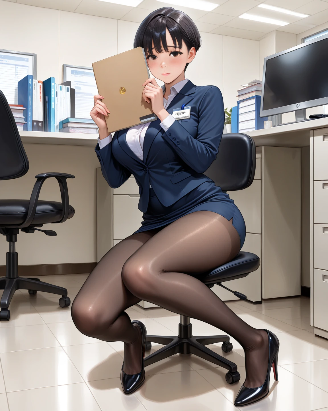 natsukawa_machiko, green_eyes, classroom, black business suit, black pencil skirt, teacher desk, from below, green panties, upskirt, surprised, <lora:natsukawa_machiko_v3:0.8>, masterpiece, best quality