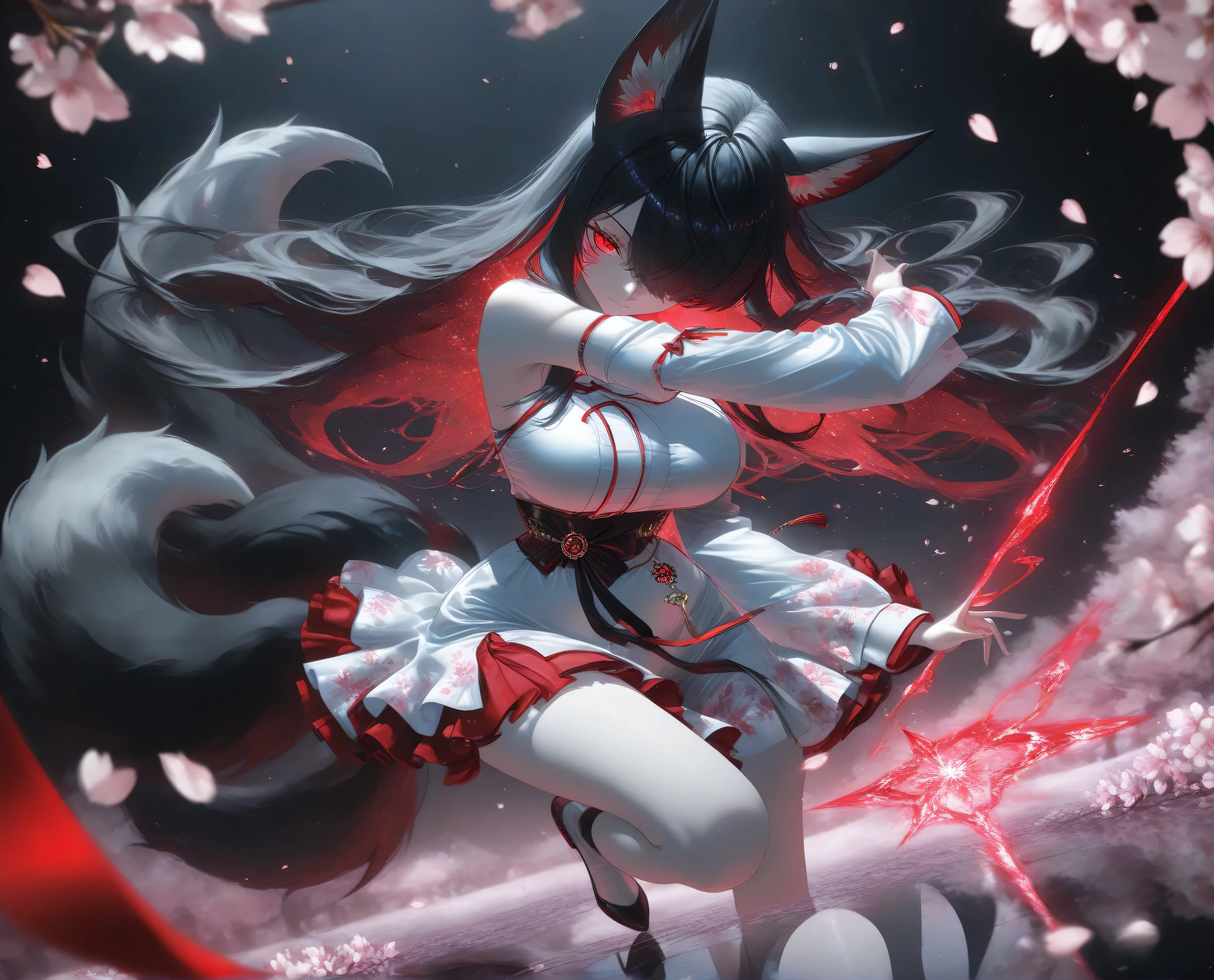1girl, Kuroki Monika, black hair, very long hair, hair over right eye, red eyes, large breasts, (petite but curvy, very cute),
Solo, full Body, (dynamic angle), hazy lights, subdued lighting, blurred figures, dark background , Sakura, (cherry blossoms), detailled dress, short dress, perfect face, beautiful eyes, focus face, (4k,8k,Ultra HD),(Masterpiece:1.2),(Best quality:1.2),(Detailed:1.5),(Scenery),highly detailed,ultra-sharp,8K resolution,character focus,depth of field,(glowing particles),reflection,(Sharp Focus),contrast,(glittered fabric), black theme, red and white, vibrant, energetic,(clear lines) , dark outlines,(bold outline) (aesthetic pose), (red and white clothes) , fox ears, fox tail, nine fox tails, red korean clothes, long sleeves, detached sleeves, bare shoulders, whisker markings, (dynamic pose) , cinematic lighting , cinematic angle, soft light , color detail, backlighting, Depth of field, long exposure, light steps, intricate colors, vibrant colors,, Detailed,Slight blur, soft lips, soft makeup