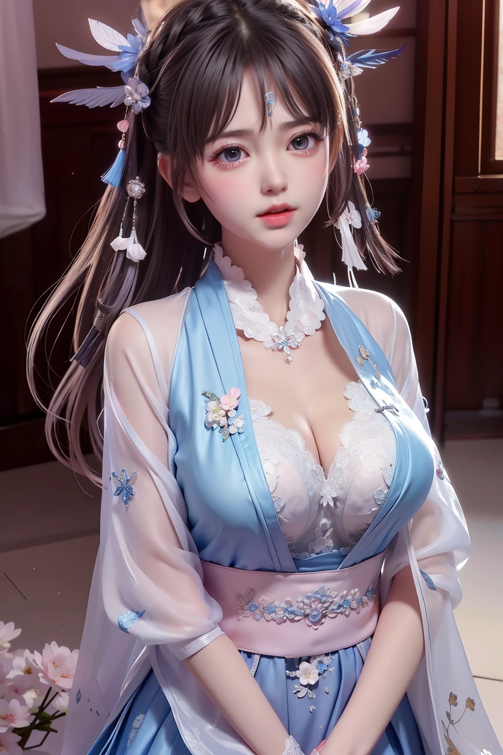 a princess 8 yeald old cute Hanfu dynasty open V-chested clothes royal, All pictures, Wet body of thin silk fabric, Thin silk lace petticoat,princess 8 yeald old cute, (huge ,cleavage),petticoat, white pink, blue ,best qualtiy,tmasterpiece,Ultra-high resolution,(Reality:1.4),RAW photogr,(True skin texture:1.3),(filmgrain:1.3),(Selfie angle),1个Giant Breast Girl,Beautiful eye and face details,tmasterpiece,Best quality at best,exposing thighs,Bigchest,The chest is more exposed, detailed hair,above looking down facing at camera,short dressPrincess Eyes,Super big eyes,Detailed face,shiny pupils, dress pink (a garden,moon palace,Chang'e,mooncakes)