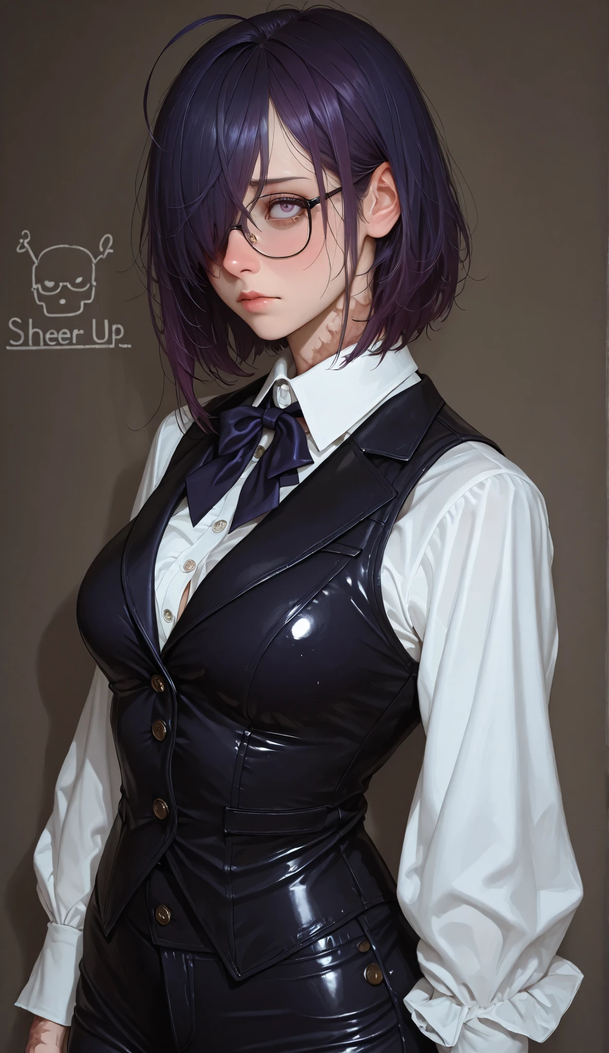 16k, high detailed picture, realistic style, masterpiece, very young girl, perfect absolutely small breasts, disheveled hair, full body shot, rounded face, shy, snub nose, a long strand of bangs hangs between her right eye, hair over one eye, zhenya_es, yellow eyes, big eyes, hair over one eye, dark blue hair, short hair, glasses, ahoge, (sexy outfit, tight outfit, bursting breasts, tight-fitting trousers, long-sleeved white shirt, bowtie, tight-fitting vest, gigola, open shirt) score_9, score_8_up, score_7_up, score_6_up, NSHanakoMisc, purple eyes, hair over one eye, purple hair, long hair, scar on face, scar on hand, scar on body,