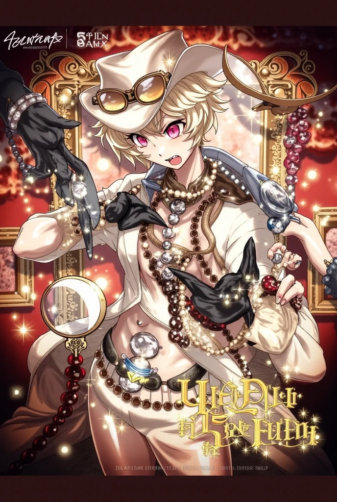 absurdres, highres, ultra detailed, HDR, master piece, best quality, Quincy, blonde hair, expressive amber eyes, Nu Carnival, solo, sexy man, handsome, horny, lewd, black priest robes, accessories, showing the chest, cross necklace, priest, white gloves, fantasy, magical, white roses, white petals, blue sky, altar