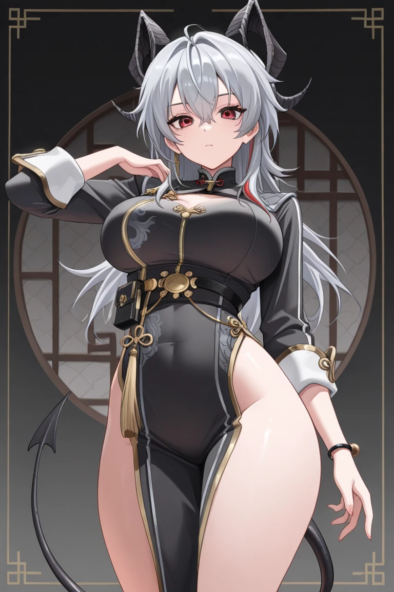 masterpiece, best quality, <break> solo, 1girl, z4ni, demon tail, expressionless, looking at viewer, standing, holding fan, folding fan, hand on own hip, long hair, multicolored hair, grey hair, hair between eyes, goat horns, demon horns, red eyes, chinese clothes, black dress, china dress, sleeveless dress, cleavage cutout, pelvic curtain, black gloves, half gloves, earrings, black choker, bare shoulders, large breasts, outdoors, night, starry sky, town, paper lantern
<segment:yolo-Anzhc Face seg 640 v2 y8n.pt,0.4,0.5//cid=1>
