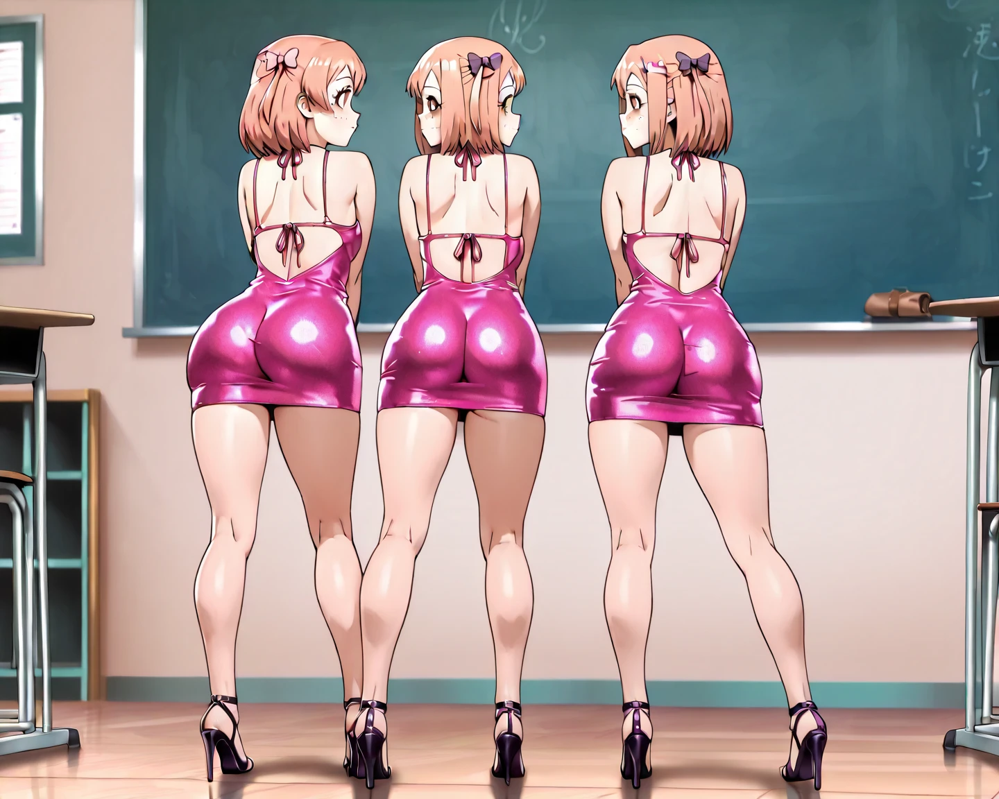full body, multiple girls, glasses, from behind, butt, completely nude, classroom, vagina, pussy, choker, high heels, bracelet, smile,