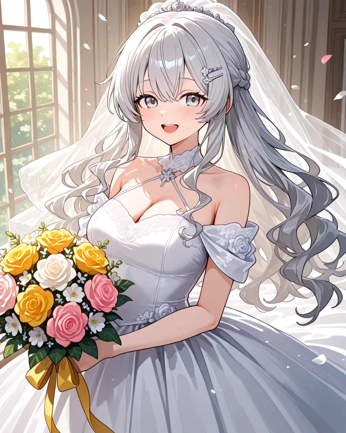 (masterpiece:1.3),((High resolution)),((high quality)),((Super detailed))、One girl、Perfect balance、((fire Fly\(Collapse:Star Rail\)))、Multicolored Eyes、((White Hair))、Black hair band、Purple eyes、Hair ornaments、Thigh straps、Perfect Face、Detailed face、Cute Face、beautiful詳細な目、Expressive eyes、Cute eyes、Shiny eyes、Perfect body、beautiful体、Perfect body、beautiful体、(((Wedding dress:1.5)))、Off the shoulder、marriage、(church)、(marriage式)、bride、smile、、(Large Breasts)、(head shot)、Embarrassing、blush、beautiful女の子、Cute Face、beautiful顔、Cute Face、beautiful、Best Quality、Good anatomy、Decorations、NSFW、smile、Closed Mouth、blush、Are standing、From below、((Super detailedな背景)), Mistress Pose, ((8K Wallpaper)) , smile, Watching the audience, Moody lighting, In-person audience