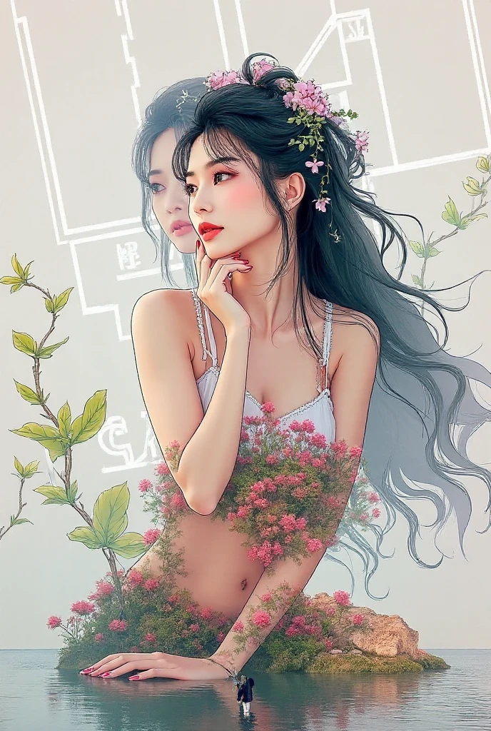 there is a woman with a tattoo on her body and a flower crown, a beautiful artwork illustration, alice x. zhang, :: rossdraws, beautiful digital artwork, exquisite digital illustration, beautiful digital illustration, rossdraws 1. 0, beautiful character painting, inspired by rossdraws, neoartcore and charlie bowater, rossdraws 2. 5, beautiful alluring anime woman