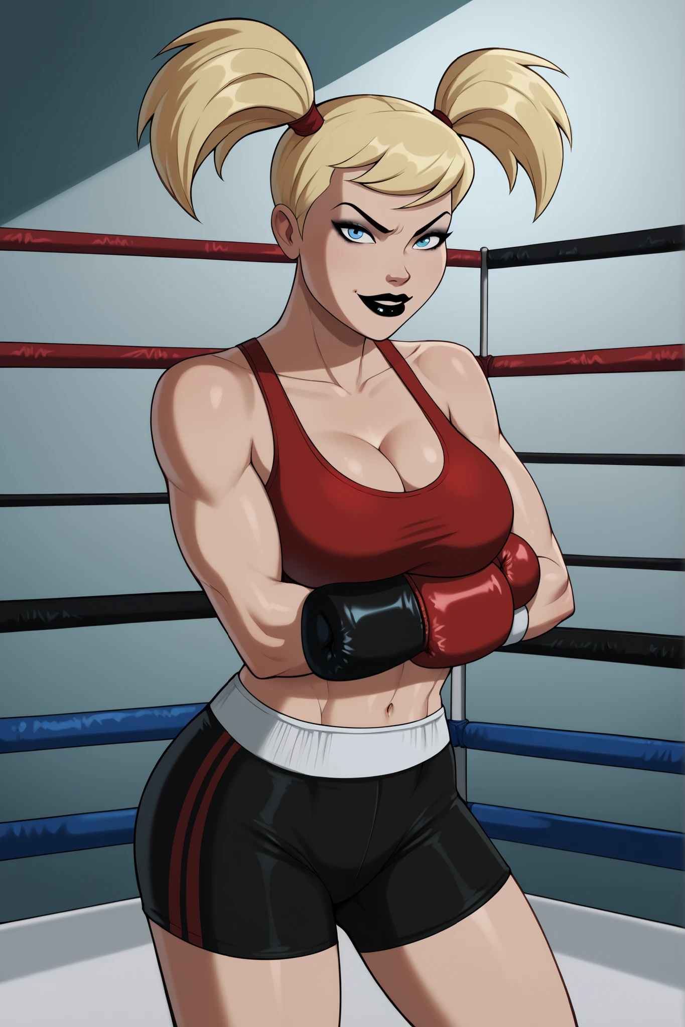 BREAK, score_9, score_8_up, score_7_up, score_6_up, Harleybtas, 1girl, solo, twintails, short hair, blonde hair, blue eyes, black lips, , cleavage, makeup, smiling, closed mouth, determined expression, bedroom eyes, looking at viewer, red sports bra, black boxing shorts with red trim, standing, arms crossed, crossed arms, indoors, boxing ring, portrait, closeup, facing forward