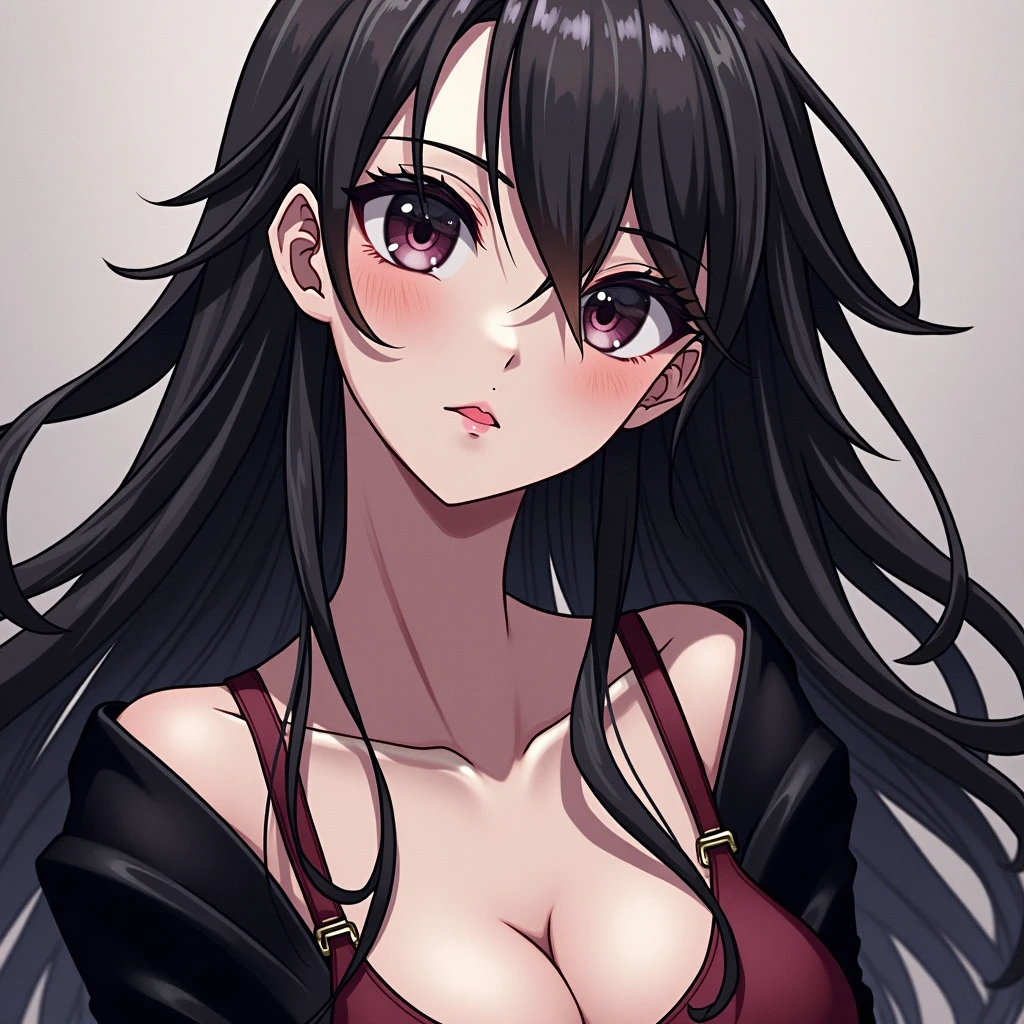 ((Highest quality)), Ultra-high resolution,Adult women, alone, sexy, (Stern face), (Red eyes), Beautiful face in every detail,(High resolution detail of human skin texture), (Black irregular long hair), Black coat,Suit pants,A mercenary woman,(have a gun in hand),Realistic:1.4,Realistic:1.4,Dark room,((masterpiece)),Perfect and detailed eyes,Waist up shot