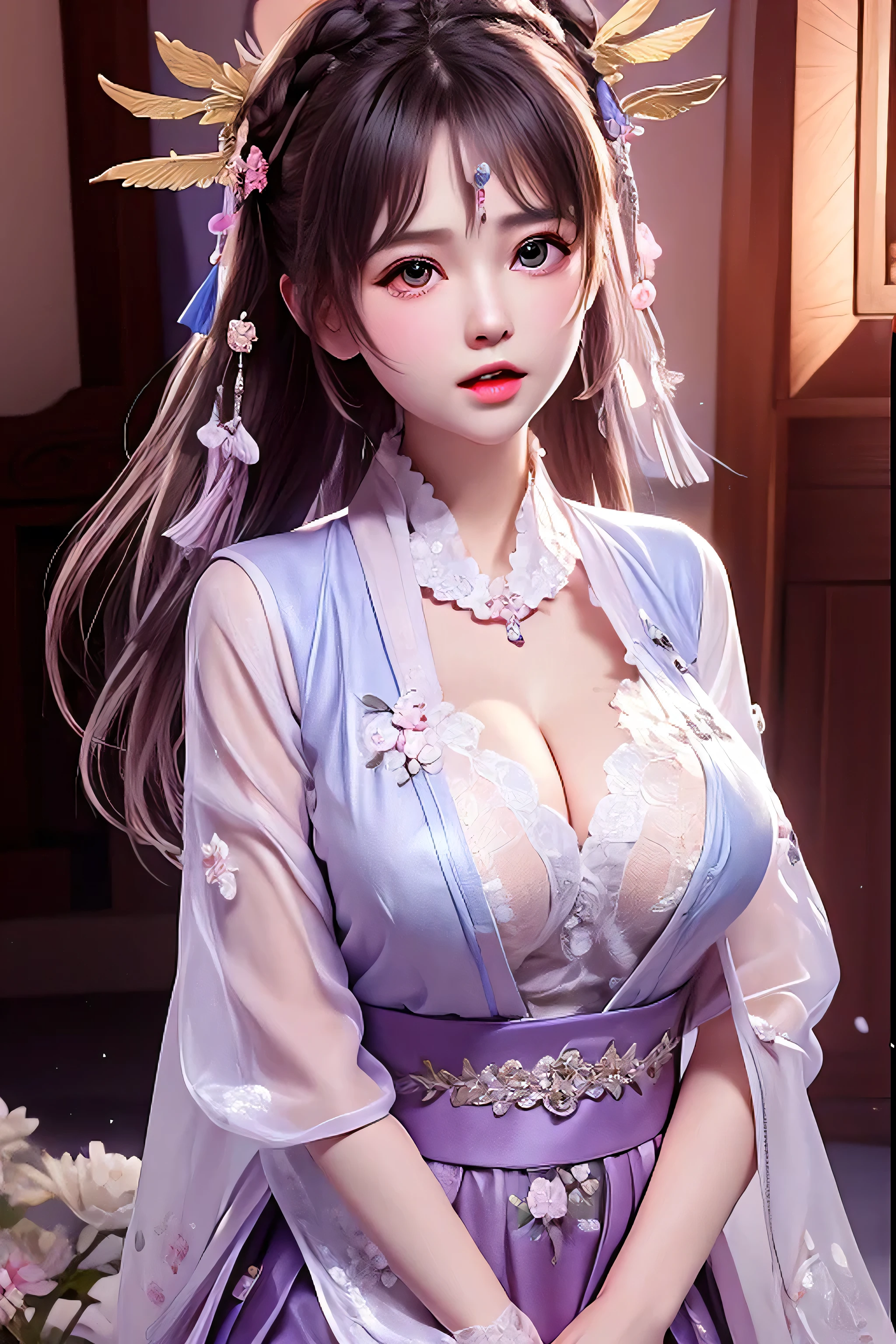 delicated best quality ,masterpiece, illustration, an extremely delicate and beautiful, extremely detailed ,CG ,unity ,8k wallpaper, Amazing, finely detail, masterpiece,best quality,official art,extremely detailed CG unity 8k wallpaper, absurdres, incredibly absurdres, huge filesize , ultra-detailed, highres, extremely detailed,beautiful detailed girl, extremely detailed eyes and face, beautiful detailed eyes, light on face,1girl, (Super realistic), ((( purple hair))) , (purple eyes), (Twin Tails), (high 2 side hair tie) ((tied high on top of head)), ((jewelry)), (slave collar), (gem earrings), (bracelet), (((describe the arm in detail))), (((Super boobs))), ((sagging breasts)), ((huge breasts)), (milk cow's udder), (armpit), ((Plump body)), (Big breasts), ((Plump boobs)),, (detailed description of hair), ((upper body)), (Bare shoulder), ((collarbone)), (off shoulder), (Shiny skin), (detailed description of face), (Extremely detailed description of the eyes), (detailed description of body), (white and translucent skin), peerless beauty, (extreme beauty), (red lips), (shy ), (seductive smile), (view from all sides), ((prom dresses)), ((long sleeves)), ((wide sleeves)), (((cherry blossom))), (falling petal), (She sits gracefully by the tranquil cherry blossom lake, cherry blossom lake, moonlight), cherry blossom lake, the water surface is reflective, (any pose), (((soaked))), ((There is a lot of water on the body))