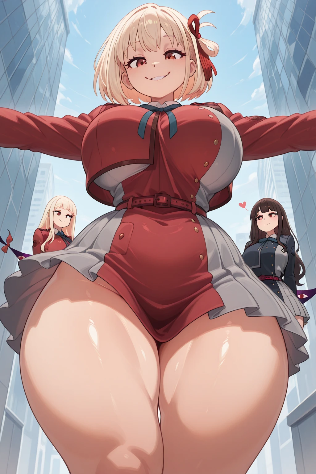 multiple girls, 3girls, standing, giantess art, highly detailed giantess shots, giantess, most detailed, perfect face, Two legs, Five fingers, short hair, A beautiful girl who is bigger than a skyscraper, Wearing rimless glasses, smile, huge breasts, magical girl dress, bow, magical girl, holding a magical wand, black pantyhose, stiletto heels, thunderbolt from a magical wand, seaside metropolis, numerous miniature warships on the sea, Destroying cities, Under heavy attack, A very small big city, Miniature metropolis, Full body description, GTS, giga giantess, stomping city, crash city, tiny city, micro city, pantyhose feet, High resolution, highest quality, masterpiece,
