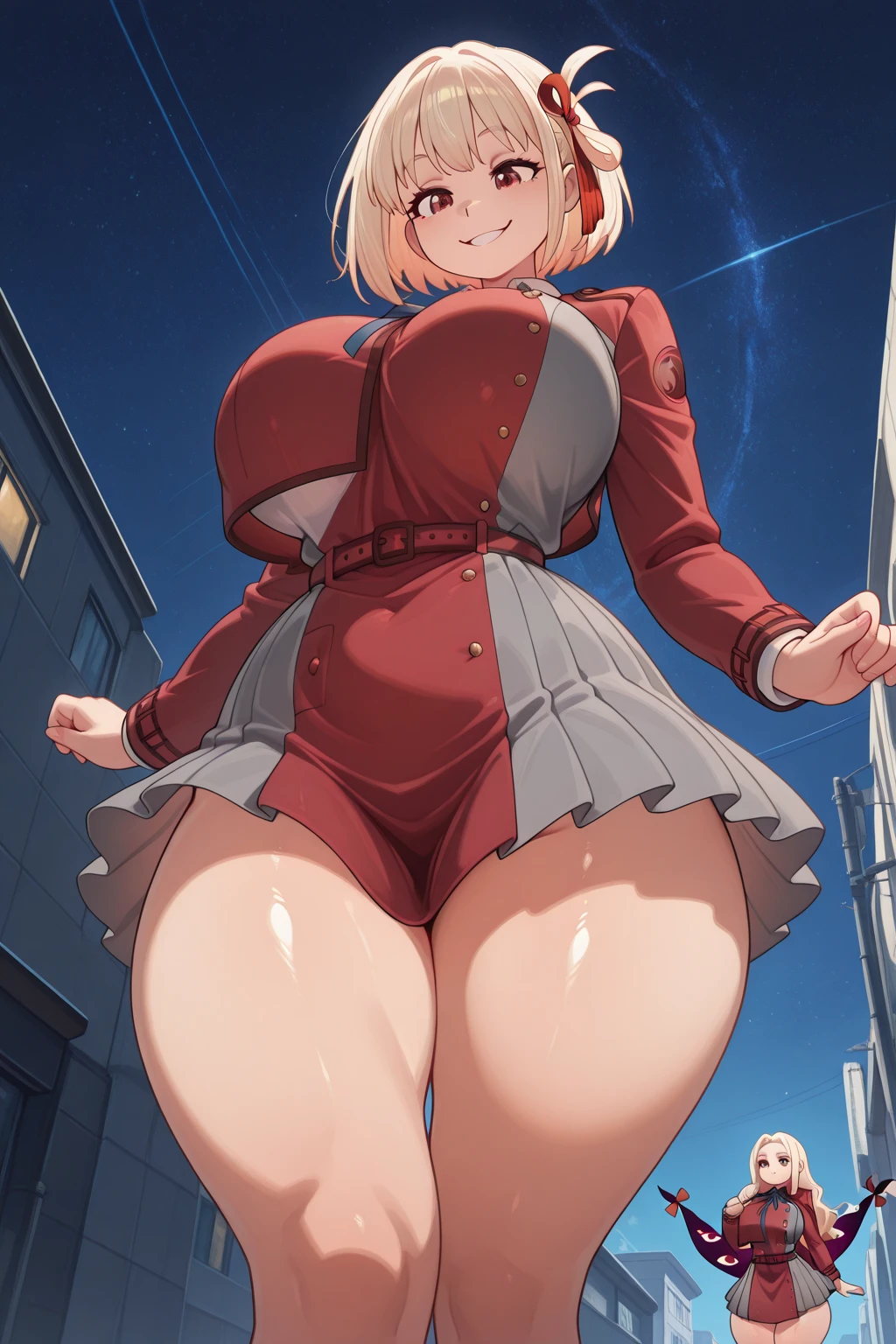 GTS, giantess, curvy, busty, smirk, evil, thick thighs, walking, stepping down