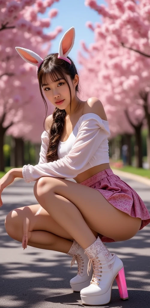 with blue sky and white clouds，Unzan Garden，pink flowers，cherry trees，a girl in hanfu,phoenix crown tiara、Dense embroidery、barechested、wearing sleeveless Hanfu、Transparency is clearly visible、Behold, size too big、raw,(8K、quality、tmasterpiece:1.8)、(intricate detailes:1.8)、(真实感:1.8)、octane renderings、Complex 3D rendering ultra detail, Studio Soft Light, edge light, vibrant detail, super detailing, リアルな肌のquality感, Detail Face, beautidful eyes, Very detailed CG Unity 16k wallpaper, cosmetics, (detailedbackground:2.0), ((Camel toes)),  ((conspicuous posture)), (Full-body image),,Skin glow、Spread your legs，camel toe showing thighs!!!、Detailed pubic area、Detailed nipples、barechested、Colossal tits、フルbarechested、