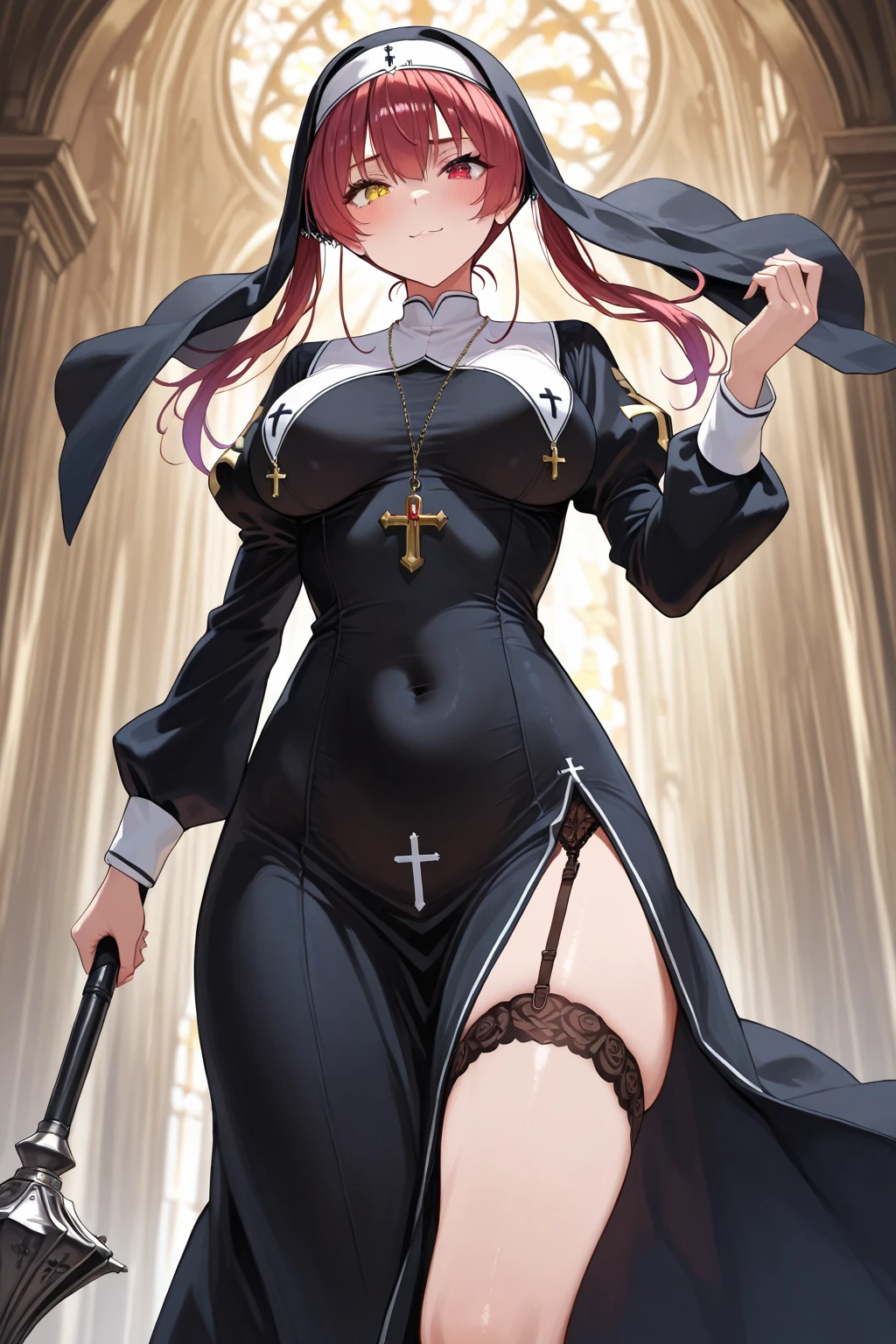 nsfw, Masterpiece, top quality, highly detailed, 
Beautiful mature young naked nun wearing black frame glasses, Long pink  hair ponytail with bangs,
((full body in long shot)),
((Wearing only a nun's veil, bra and panties,
Walks come straight camera, dragging 1 huge lumberjack's axe on the floor, with one hand)), 
walking straight from the altar, 

In a dark church,
Backlight lens flare,


