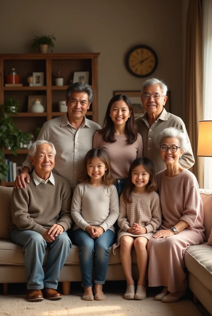 A family of 8 people. 2 not very old grandparents, They have 4 children. Two men and two women, of 40, 30, 25 and 19 years old. A 4 year old granddaughter