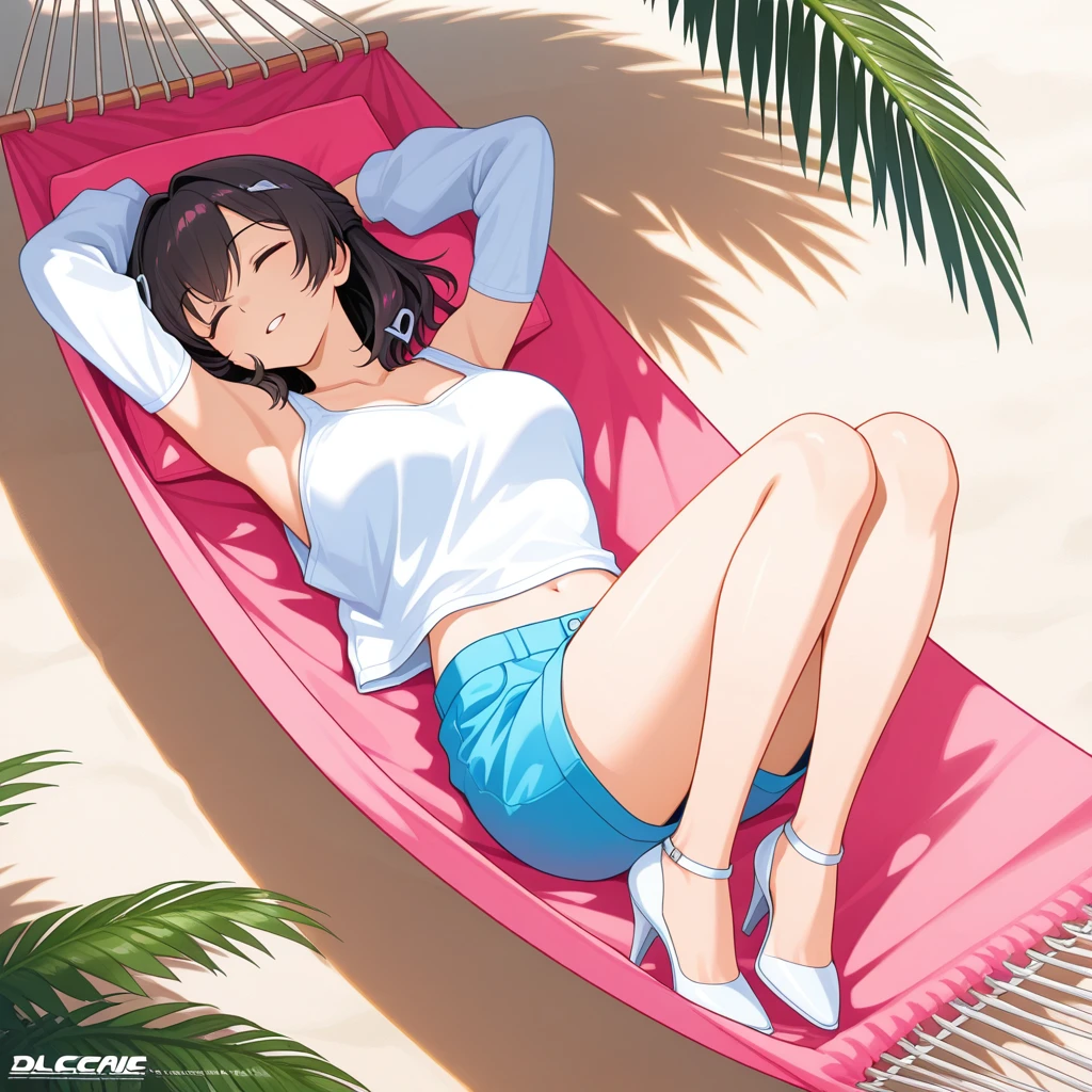 ((Top Quality)), ((Masterpiece)), ((Details)), perfect face, perfect body, sitting by the beach, listening to music, wearing headphones, wearing swimsuit, transparent swimsuit, wearing clothes exposing tight hips and breasts Woman with face visible, sitting with legs apart