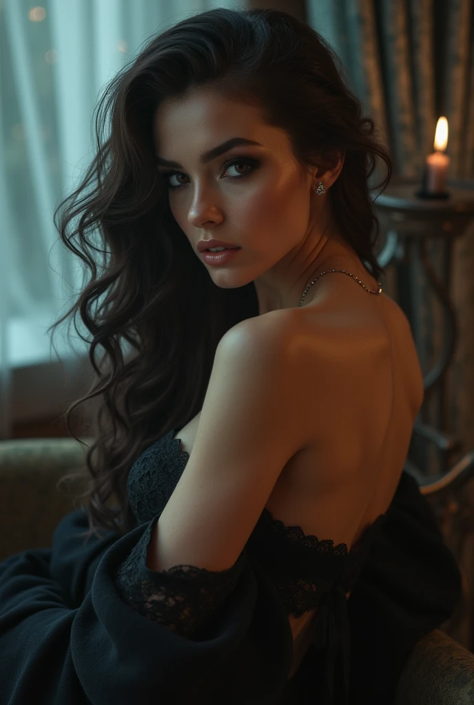 Create the wide-shot full-body image of a handsome vampire, noble and elegant lady, Beautiful alluring colorless eyes, A vampire with a refined and elegant appearance, Loose very long and luscious hairs and angular features, her skin should be pale and flawless, With a touch of potus transcendental beauty, her eyes should be deep and seductive, (They have to wear sheer erotic clothes, That are transparent, modern and timeless), The background should be shrouded in shadow, Just a hint of moonlight broke through the darkness, (((In the joined hands in front of her she holds a fiery candle that spreads its glow on his beautiful body and hairs))), What is presented to others, gothic art style, Ultra-realistic realism, Psychedelic surrealist art, Surreal psychedelic design, Dreaming style, psychedelic art, Quality Quantity, skin texture, intricate details, (cinematic graphic lighting), RAW, 8K,