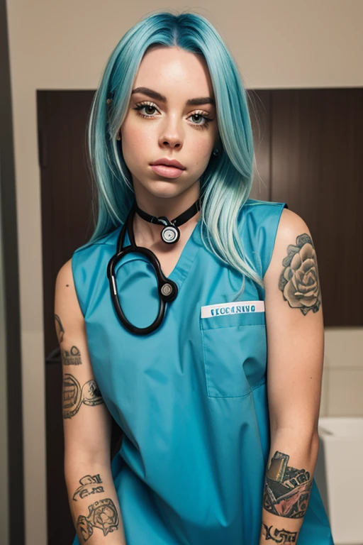 A stunning intricate full color portrait of a woman,wearing a nurse uniform, in modern hospital, having fun, epic character composition,by ilya kuvshinov, alessio albi, nina masic,sharp focus, natural lighting, subsurface scattering, f2, 35mm, film grain, full body in the picture, blue hair <lora:AlexCoal:1>