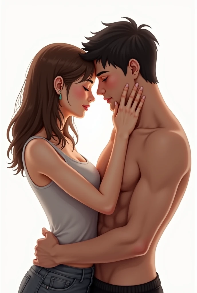 In the romantic scene, an attractive white masculine guy with black hair, A little by the shoulders he is hugging a girl by the waist . She is serious and has light brown hair., shoulder-length, and green eyes, I think I'm pale. He has blue eyes and, while she maintains a serious but blushing expression, He laughs playfully. The atmosphere is flirtatious, with him enjoying the contrast between his laughter and her seriousness.