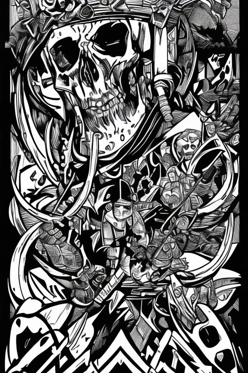 Black and white art, perfect features, a skull wearing a bear skin, two Viking spears on each side and beneath the moon, mountains and a forest at night ,image work of art precise black lines