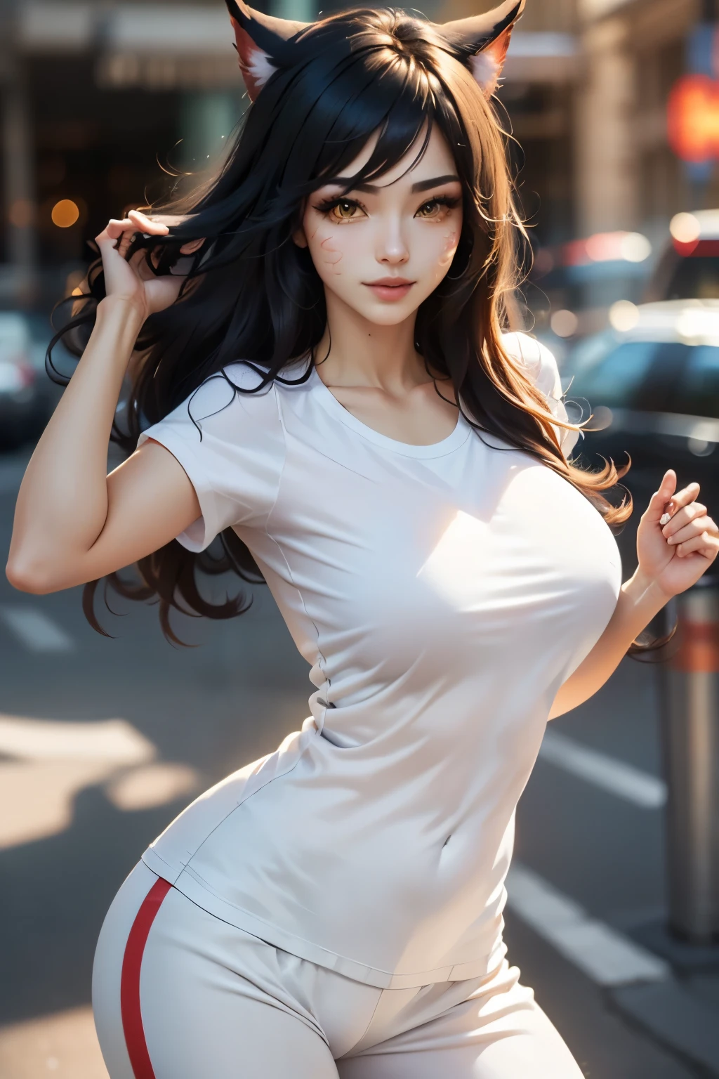 Mexican woman, 30 years old, unknown, Eyes aligned, smiling, very long straight hair, She will be wearing a tight skirt, She will be wearing a blouse, thin waist, huge breasts, She will be with her back to the viewer, She will be on the school bus, sunset with little sun