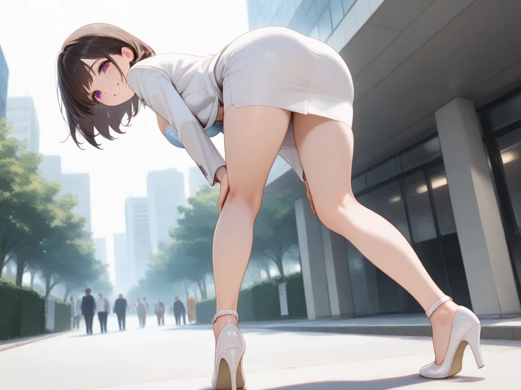 (High definition images), (((Red cheeks, An embarrassed expression)), The legs are very long, Women's casual clothing that is unbuttoned, The legs are small and slender, (work clothes), (not wearing underwear), (no underwear), (((Lift the skirt, no panties, Visible genitals))), Lubricant flows from the pussy, (There is a lot of pubic hair), (full body image), Waist level view, (crowd), in the city at night.