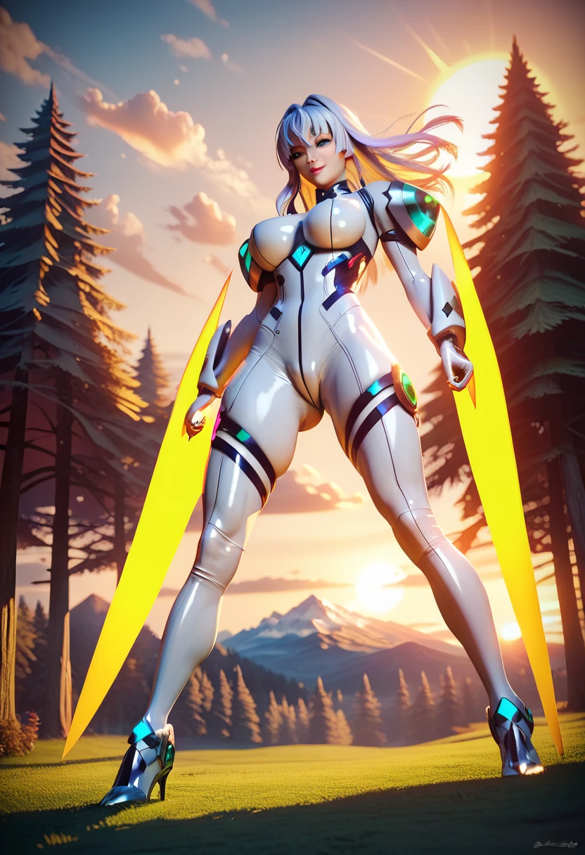 ((masterpiece,best quality)), Blue-skinned Dark Elf woman with long white hair, in white black and yellow high cut Sci-fi leotard, black and yellow gloves, black yellow and white long stockings, standing in futuristic town, realistic art style, intricate details