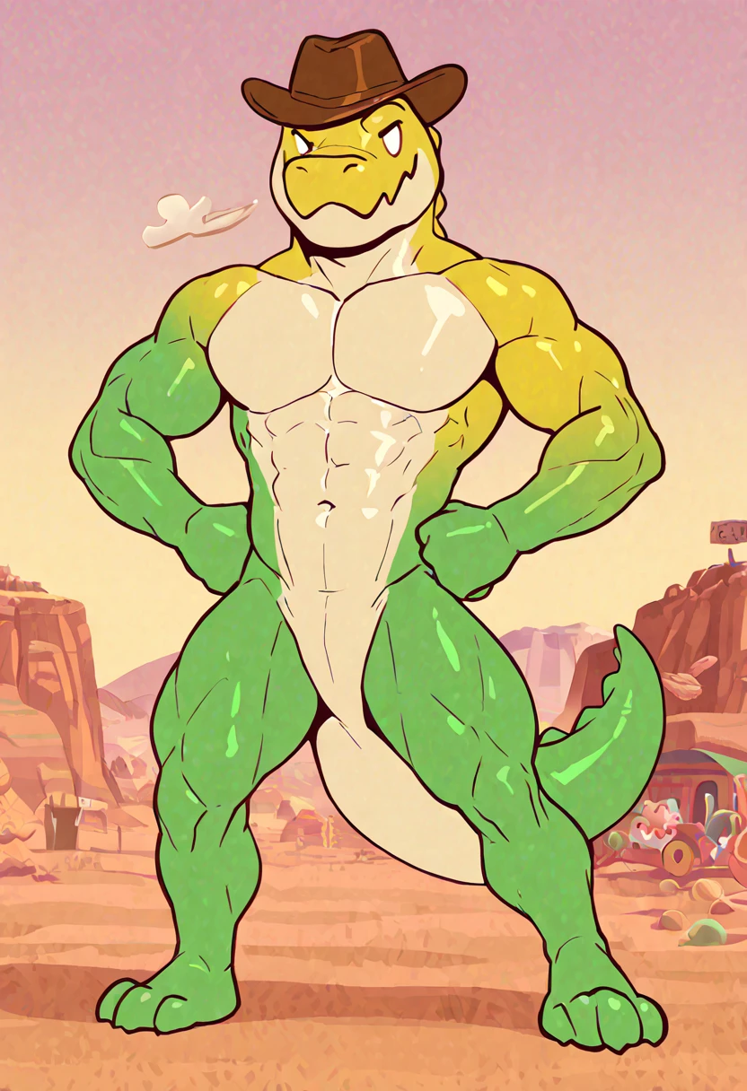 best quality, masterpiece, detailed, male, Gummigoo, muscular, big pectorals, big muscles, cowboy hat, western style, posing