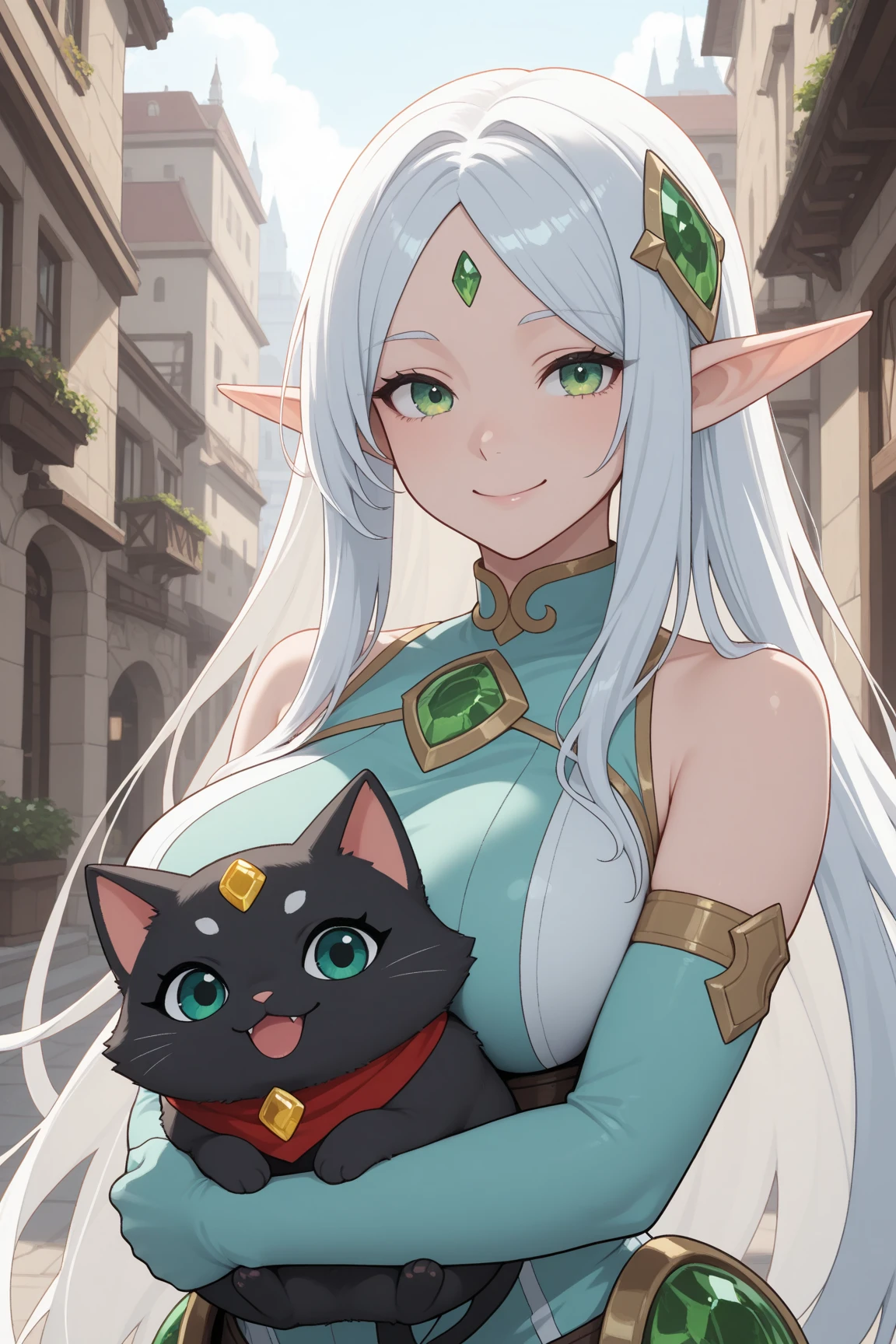 Cute elf woman with her small pet silver dragon