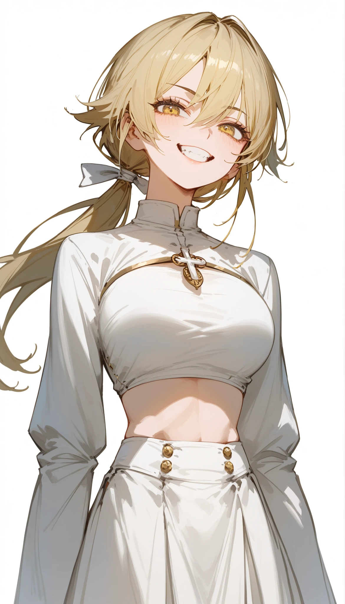 girl,golden hair,in Gold Eye,long hair,White Strappy Top,smile,White Hairpin, Tomboy,,White Cloth Skirt,Long Sleeve,Fierce face,Grit your teeth,standing,Front View,Pointed eyes ,medium chest,slim,milf,,Tall, small waist ,Bust Flat Belly, low ponytail ,