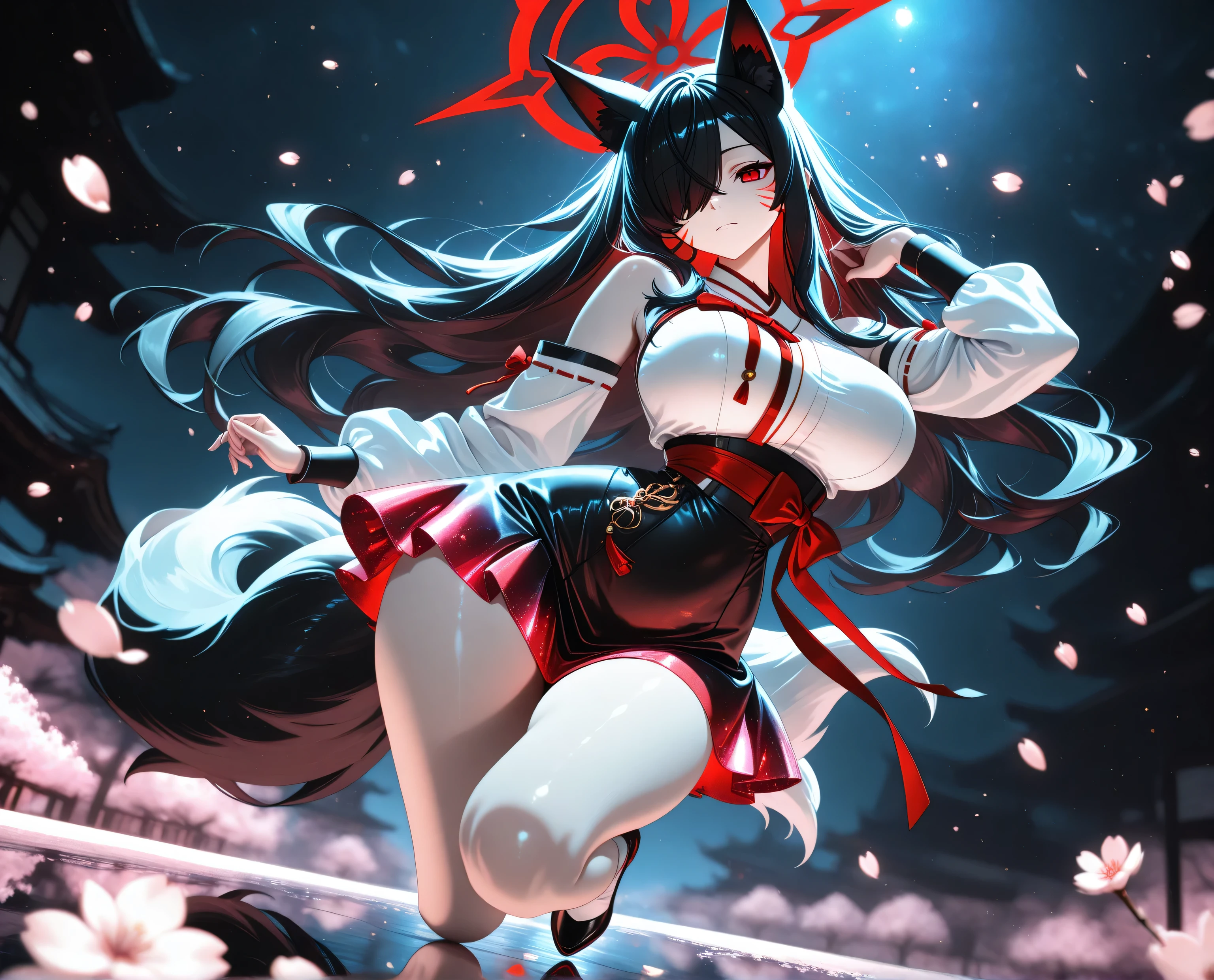 1girl, Kuroki Monika, black hair, very long hair, hair over right eye, red eyes, large breasts, (petite but curvy, very cute),


Solo, full Body, (dynamic angle),  hazy lights, subdued lighting, blurred figures, dark background , Sakura, (cherry blossoms), detailled dress, short dress, perfect face,  beautiful eyes, focus face, (4k,8k,Ultra HD),(Masterpiece:1.2),(Best quality:1.2),(Detailed:1.5),(Scenery),highly detailed,ultra-sharp,8K resolution,character focus,depth of field,(glowing particles),reflection,(Sharp Focus),contrast,(glittered fabric), black theme, red and white, vibrant, energetic,(clear lines) , dark outlines,(bold outline) (aesthetic pose),  (red and white clothes) , fox ears, fox tail,  nine fox tails, red korean clothes, long sleeves, detached sleeves, bare shoulders, whisker markings,  (dynamic pose) , cinematic lighting , cinematic angle, soft light , color detail, backlighting, Depth of field, long exposure, light steps,  intricate colors, vibrant colors,, Detailed,Slight blur, soft lips, soft makeup