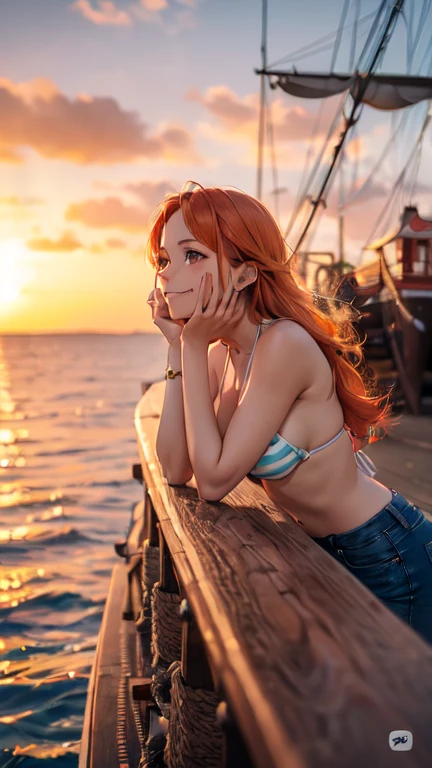 kai'sa, anime girl in a bikini, seductive anime girl, beautiful anime girl, extremely detailed art, digital anime art, realistic anime art style, realistic 3d anime, photorealistic anime, realistic bikini, realistic 3d anime style, render photorealistic anime girl, beautiful anime woman, soft anime cg art, transparent bikini, smiling, long hair, running, glued bikini, jeans shorts, in a boat, jumping, red hair, --auto