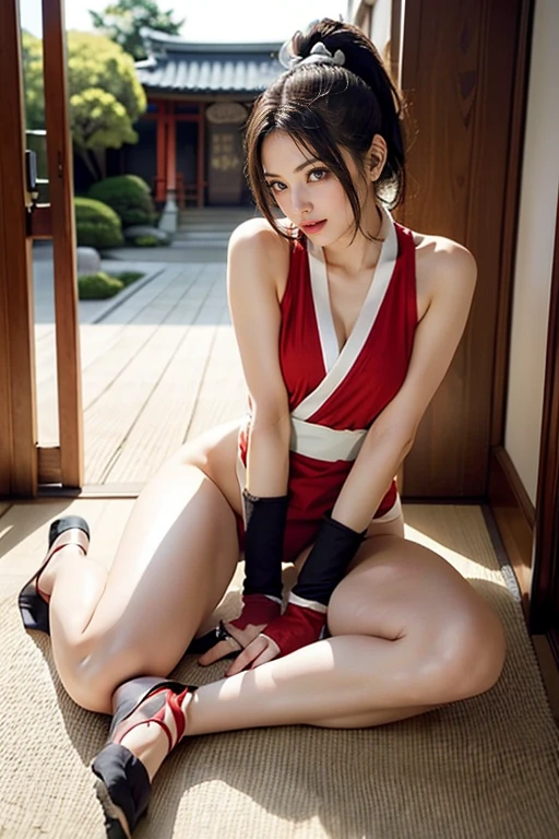 Mai Shiranui, wearing a kunoichi outfit, serious expression, wearing black eye makeup, very light brown eyes, sitting cross-legged on a park bench, front angle, half-length photo