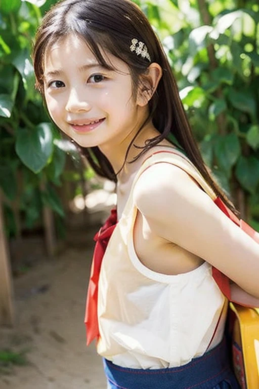 Kyoto, 1931. a little ((((11 years old)) Sayuri)), Outstandingly beautiful, Not wearing a shirt, delicate face, porcelain skin, expressive eyes, next to the river, holding a coin, ((smile with hope)), ((Hairstyles of the 1930s)), color