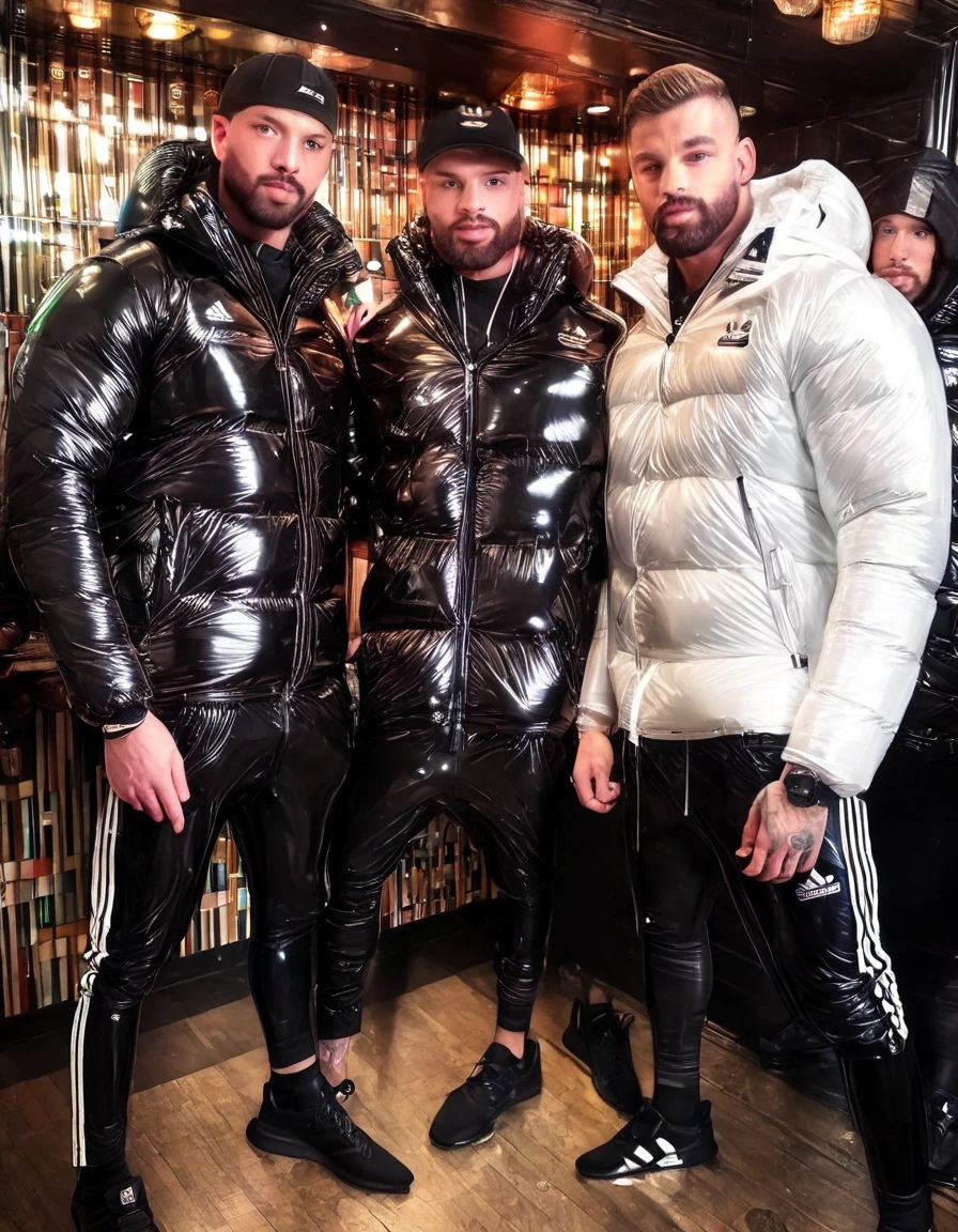 full view full body, two white guys with light-brown undercut clean shaved haircut, golden rings, wearing full length shiny skintight rubber grass with a black North Face puffer jacket blistered with air and white Nike Air Force one, waiting standing beside bmw car