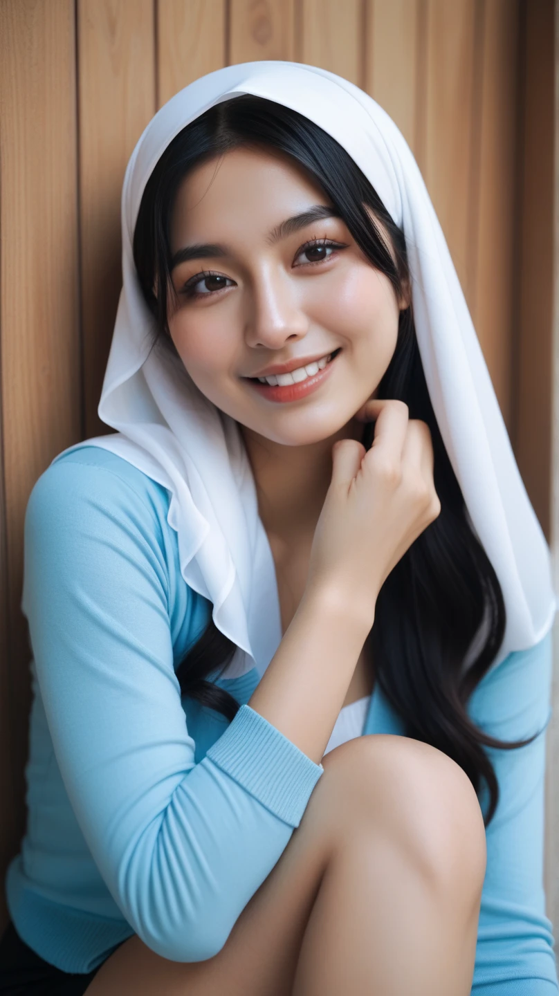 1girl, solo, black_hair, realistic, smile, outdoors, dress, white Scarf on head, looking_at_viewer, breasts, sky, white_dress, jewelry, lips, day