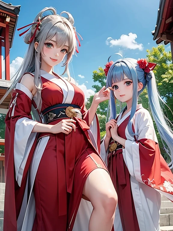 Two Girls、Shrine maiden、Dancing while spinning、Silver Hair、緑Silver Hair、Ruby eyes、Rainbow Eyes、Full body portrait、Costumes with long hems