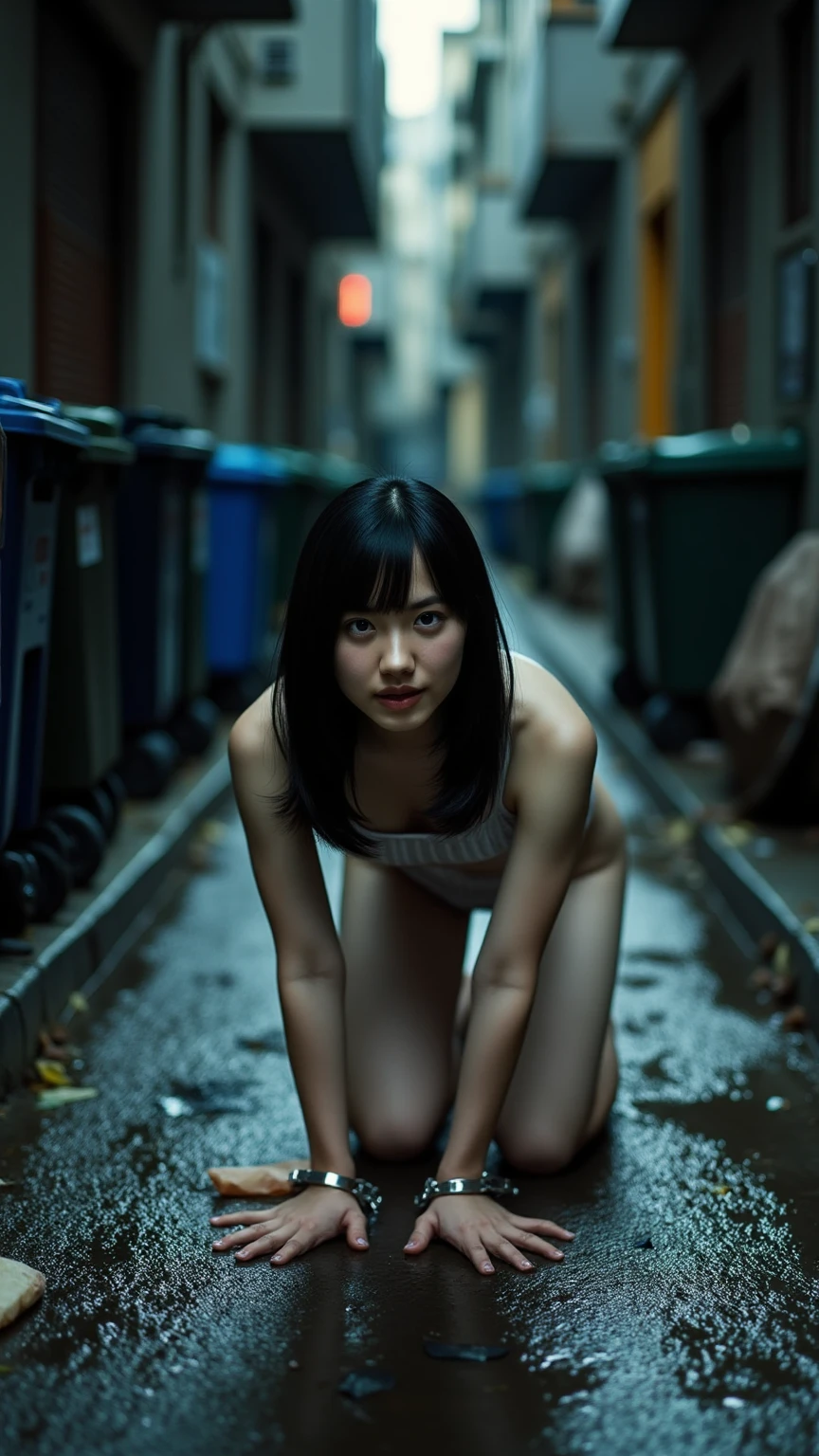 In an alley in Toyoko at night, A long dark-blue tentacle reaches toward the open mouth of a beautiful kneeling naked Japanese woman. Her eyes are closed in bliss.