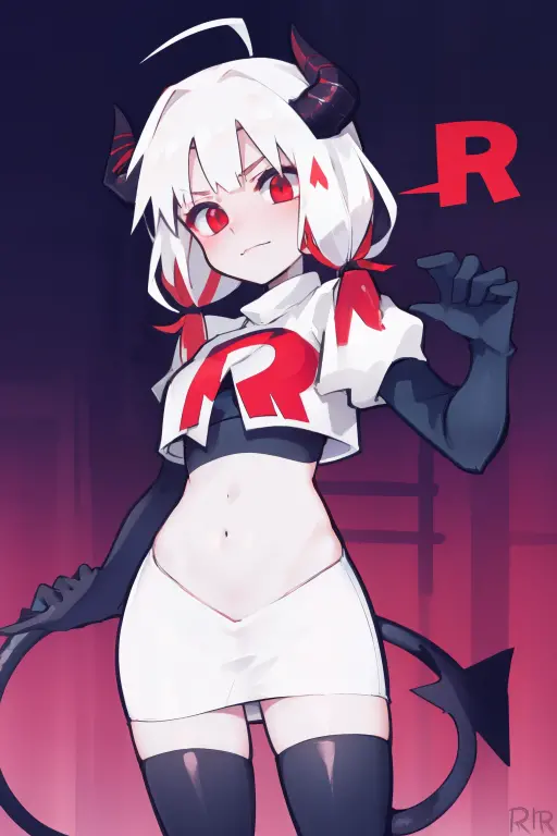 masterpiece, best quality,melina,red eyes, white hair,team rocket,team rocket uniform,white skirt,red letter R,crop top,black thigh-highs,black elbow gloves, comic strip
