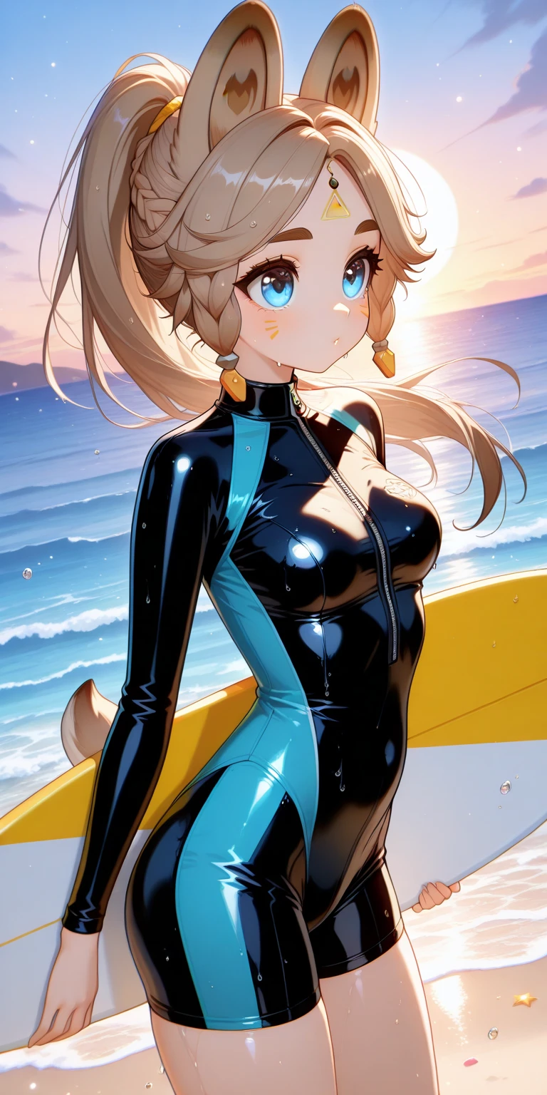 (cute woman, age 20, is an adorable sexy cat woman, big eyes, cute swimsuit, fluffy tail), she is surfing on small waves, super cute, so excited, show her from head to toe, hawaii