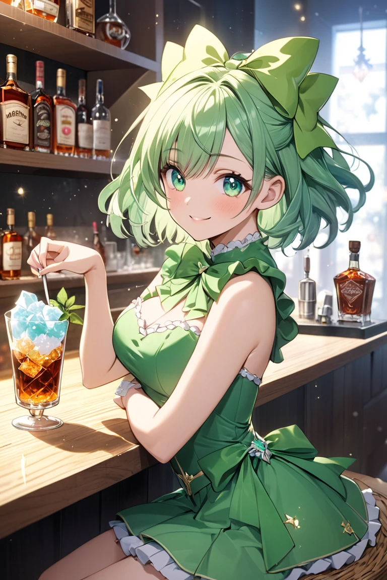 Green fizz cocktail lime displayed on a bar counter glowing at night Art Close-Up, High quality waifu movie anime with avant-garde fashion style, A Japanese idol girl with droopy eyes holding a cocktail glass and smiling slightly. shaker on the counter. Green refraction