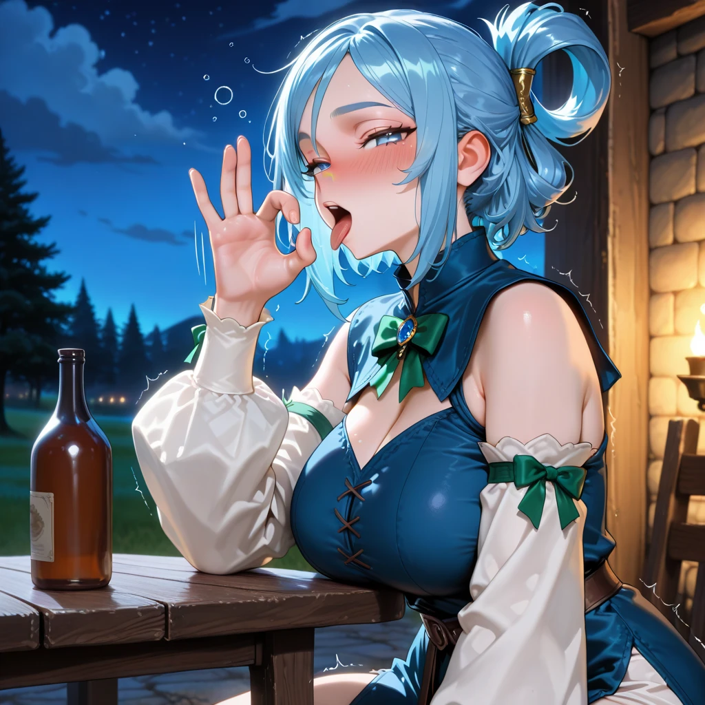 ganyu_\(genshin_impact\), hiten kei style, claude monet, oil painting, horns, masterpiece, hyper realistic, realistic skin, best quality, 1girl, lakeside, medium breasts, huge nipples, erect nipples, topless, full body, vector illustration, nipples, light smile, open mouth, bangs, long hair, stomach, navel, bare shoulders, light blue hair, wet, soaked, raining, sarong, loincloth, black pantyhose, magnolia leaves, autumn, sky, hands up, arched back, stretching, open mouth, bored, waterfalls, cliffs, falling leaves, resting, holding a wooden pail, wet body, pouring rain, washing her body, taking bath, arched back, white flowers, eating honey, honey poured on body, body drenched in honey, long tongue, sticky, tongue out, 1 hand on mouth, feeding frenzy, saliva string, honey drops on breasts