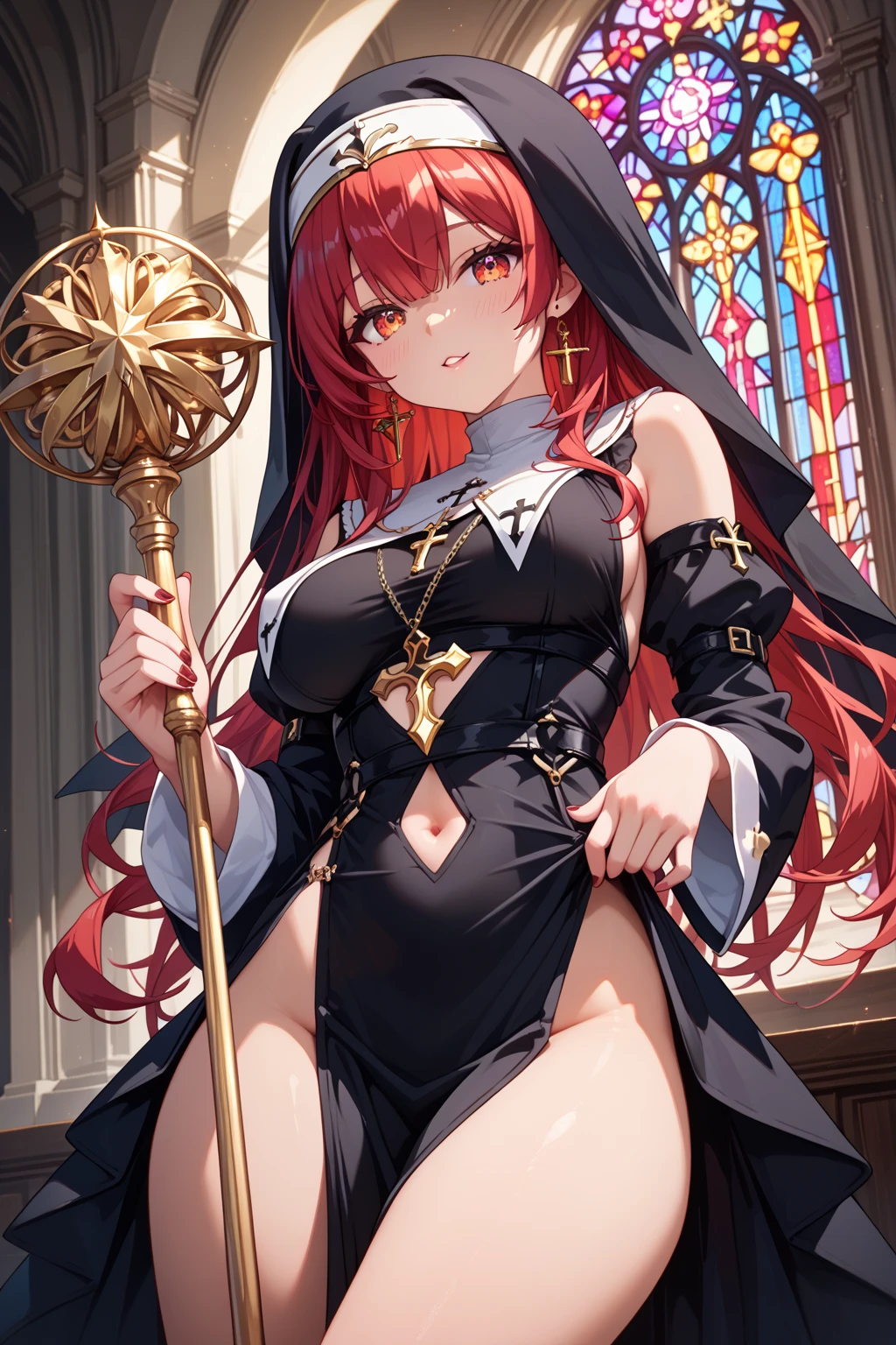 ((masterpiece)), (best quality), (detailed), (1 girl), jack-o' valentine,red hair,white bodysuit,gloves,halo,cross,belt,chain,ball & chain restraint,ankh,mask,shackles,cleavage,necklace,buckle,jewelry,chained,wide sleeves,sitting on throne,toung out,devilish smile