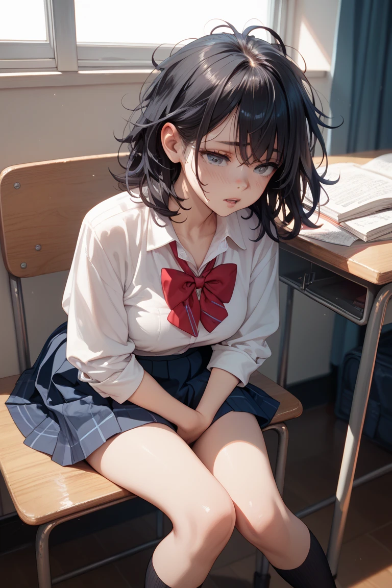 (8K high resolution), (Highest quality), (RAW quality), (Realistic), (Realistic:1.37), ,Big eyes,Long eyelashes,(Small breasts:1.5),(Small breasts:1.5),(Flat Chest:1.5),(My chest is about to swell:1.5),(Skinny girl:1.5),(Baby Face:1.2),(Childish body:1.3),(Childish body:1.5),(very young body:1.3),(Oily and shiny skin:1.3),(13-year-old junior high school student:1.3),The whole body is visible、((Beautiful eyelashes, Realistic eyes)), ((Detailed face, blush:1.2)), ((Smooth texture:0.75, Realisticな質感:0.65, Realistic:1.1,)), Small breasts, Dynamic Angle, Perfect body, ((Red bow tie, , , White shirt, Pleated skirt, Dark Blue Skirt, White sneakers)), dissatisfaction,(:1.8),(Handjob:1.8),