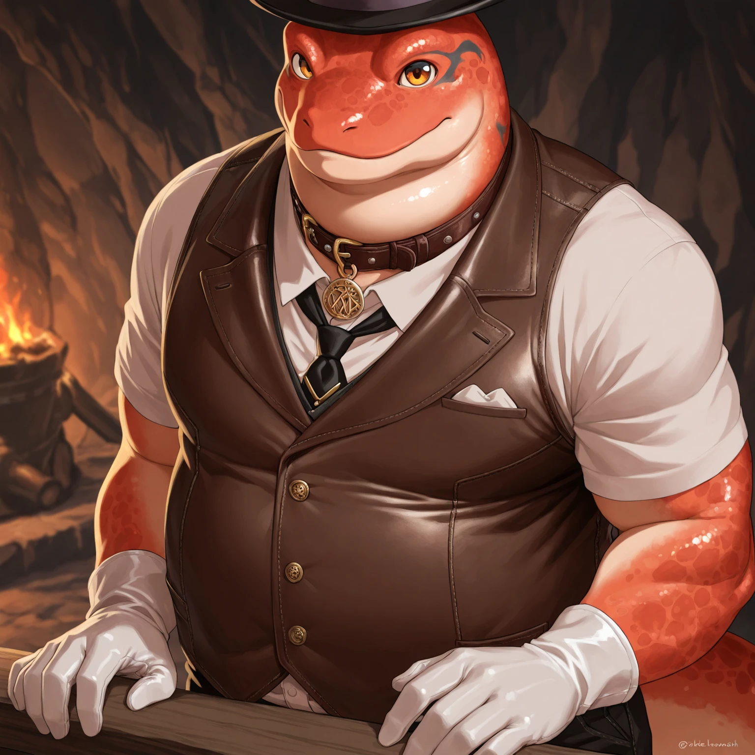 Solo, Male, fat, squatting, extremely obese, gentleman, dapper Professor Dragon, having his penis milked by a penis pump, blue eyes, (soft shading), 4k, hi res, ((detailed face, detailed)), looking at viewer, evil grin, jungle, forest, collared shirt with buttons, top hat, male focus, Safari Outfit, glasses, monocle, bag, vest with buttons, backpack, sleeves rolled up, round eyewear, brown headwear, brown vest, Dragon is wearing a glossy leather dog collar around the neck, Dragon is wearing the leather collar and shirt and vest at the same time, Dragon is wearing glossy white rubber gloves on the hands, wearing white rubber gloves on the feet, Dragon is wearing glossy white cuffs around the wrists with cufflinks, gloves are rubber in texture, clenching teeth, clenching fists, leather collar is glossy and shiny with a lot of detail, Dragon is wearing gloves and cuffs and cufflinks at the same time, leather collar has a round dog-tag, leather collar is thick and detailed, pump is shiny, pump goes around the shaft of the penis, penis is inserted in the pump, ejaculating into the pump, penis pump is on the penis, penis pump is cylindrical, penis pump is pumping sperm from the penis, penis pump has a white hose connected to a tank which stores sperm.