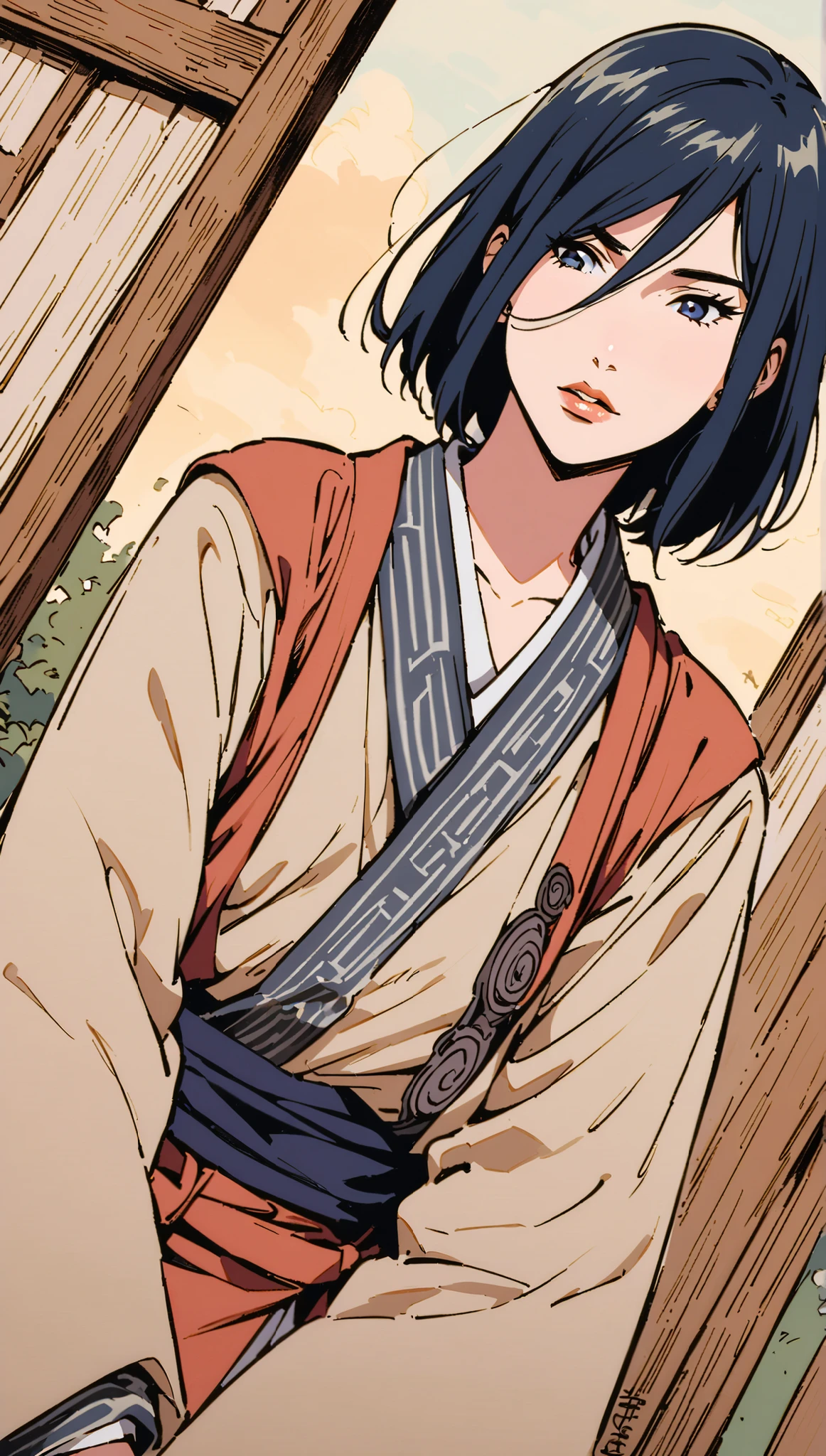 vintage movie, girl, short hair, ((navy hair)), hair between her eyes, straight hair, woman body, cute earrings, ((dressed like hyuuga neji from naruto)), dutch angle, hyuga clan, shinobi village, konohagakure, (((perfect lips))), perfect hair, looking down, shy, melancholic, ((young)), ((19 years old)), shonen style,, ((solo girl)), straight spine, noble posture, conveys shyness, japanese spring, spring kimono


