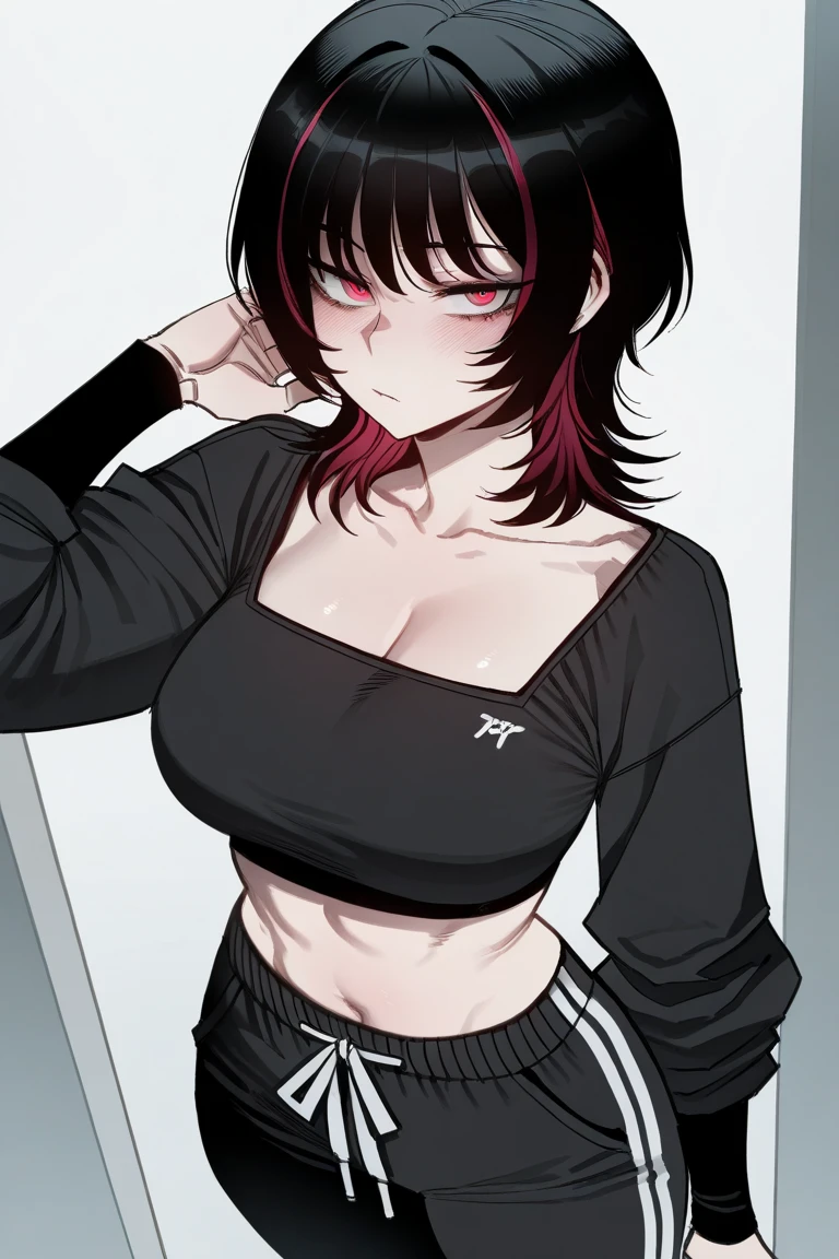 mature woman, hair over one eye, golden eyes, Tomboy, sweatpants, looking at viewer, shoulder-length black hair, off shoulder, bedroom, hand on hip, messy hair, standing, red jacket, black tank top, solo