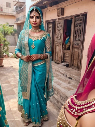 A woman wearing magenta kanjipuram saree with only golden jari work all over the saree, magenta blouse and royal blue hijab.