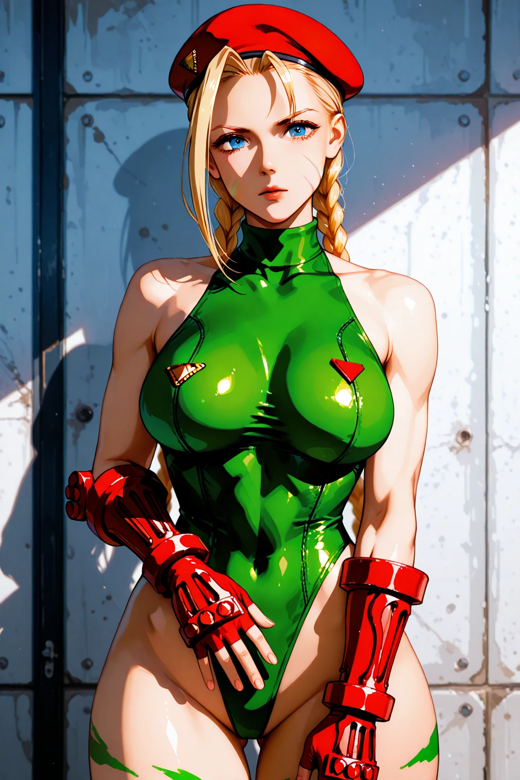 Anime girl,side view,looks like Cammy White, slightly leaning forwards,viewed from side,smiling,sensual expression,sweaty,sweat,leaned forwards,body slightly tilted forwards,hug,embrace
