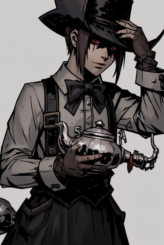 masterpiece, best quality, bitdstyle, 1boy, solo, (silhouette) of a a thief wearing a collared shirt and overalls sitting a table with an empty drink glass in his hand, bitdstyle, bowtie, (eye-patch covering right eye:1), dark dreary tavern background, (mischievous grin:0.8),monochrome, glowing left eye with white sclera<lora:inthedark-beta5-e14-DIM64:0.9>